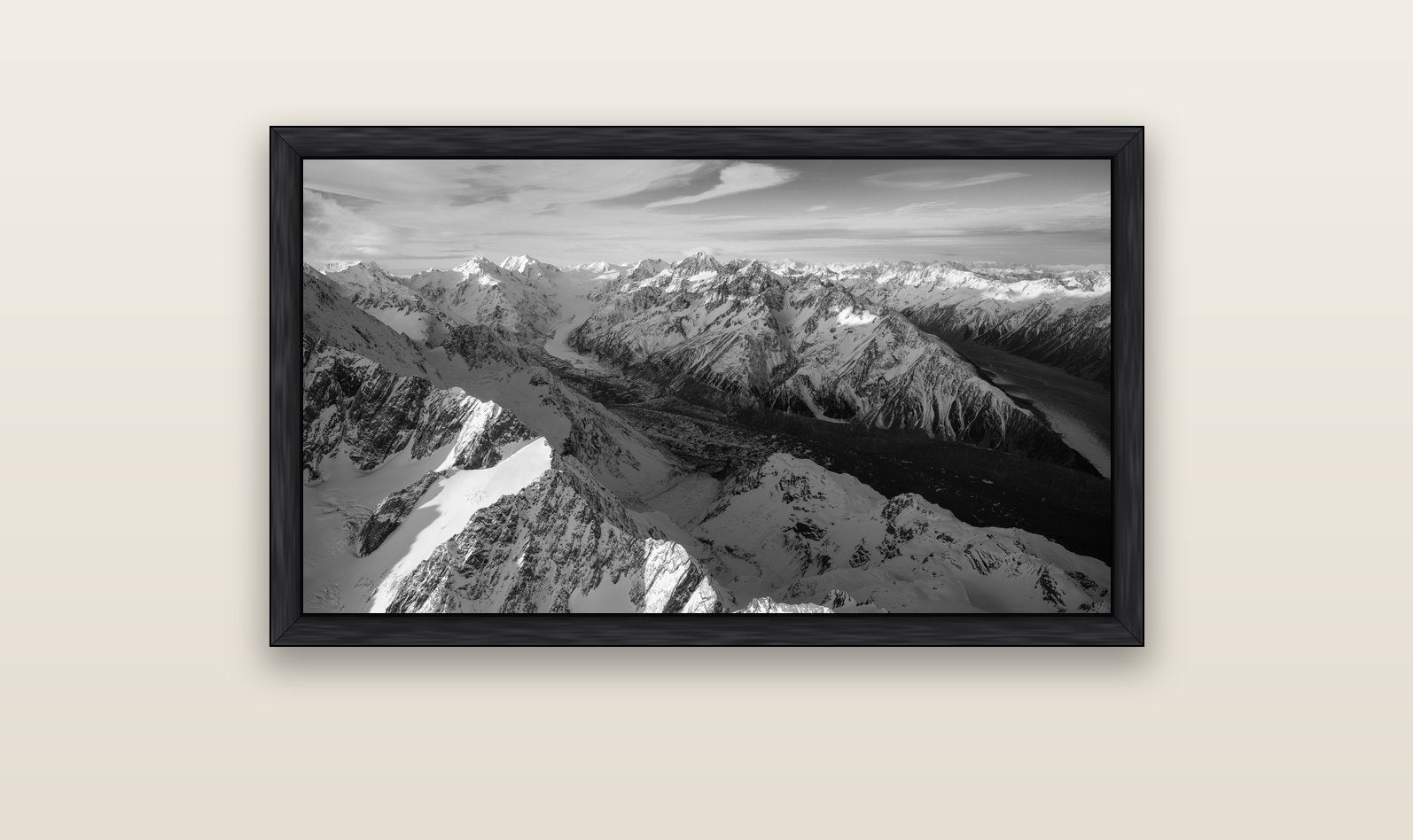 The Great Divide, Southern Alps — black float frame canvas, 102 × 56 cm. New Zealand fine art landscape wall art by Stephen Milner.