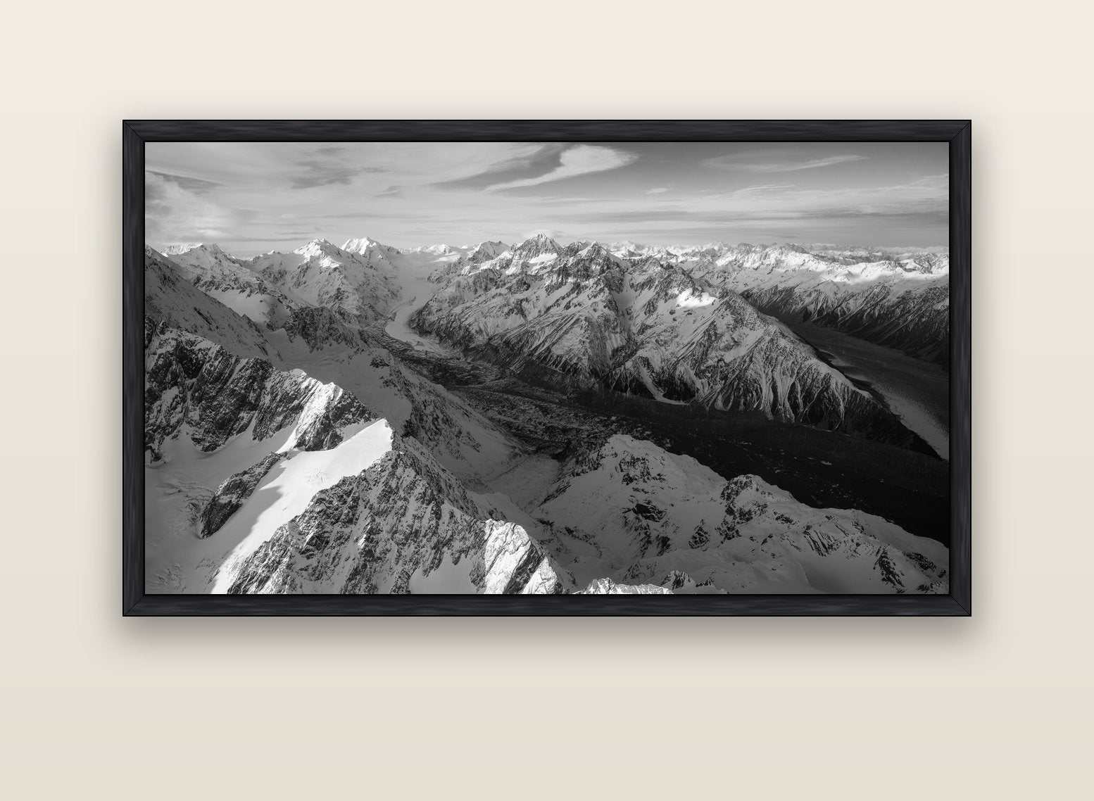 The Great Divide, Southern Alps — black float frame canvas, 152 × 86 cm. New Zealand fine art landscape wall art by Stephen Milner.