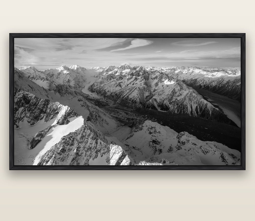 The Great Divide, Southern Alps — black float frame canvas, 200 × 130 cm. New Zealand fine art landscape wall art by Stephen Milner.