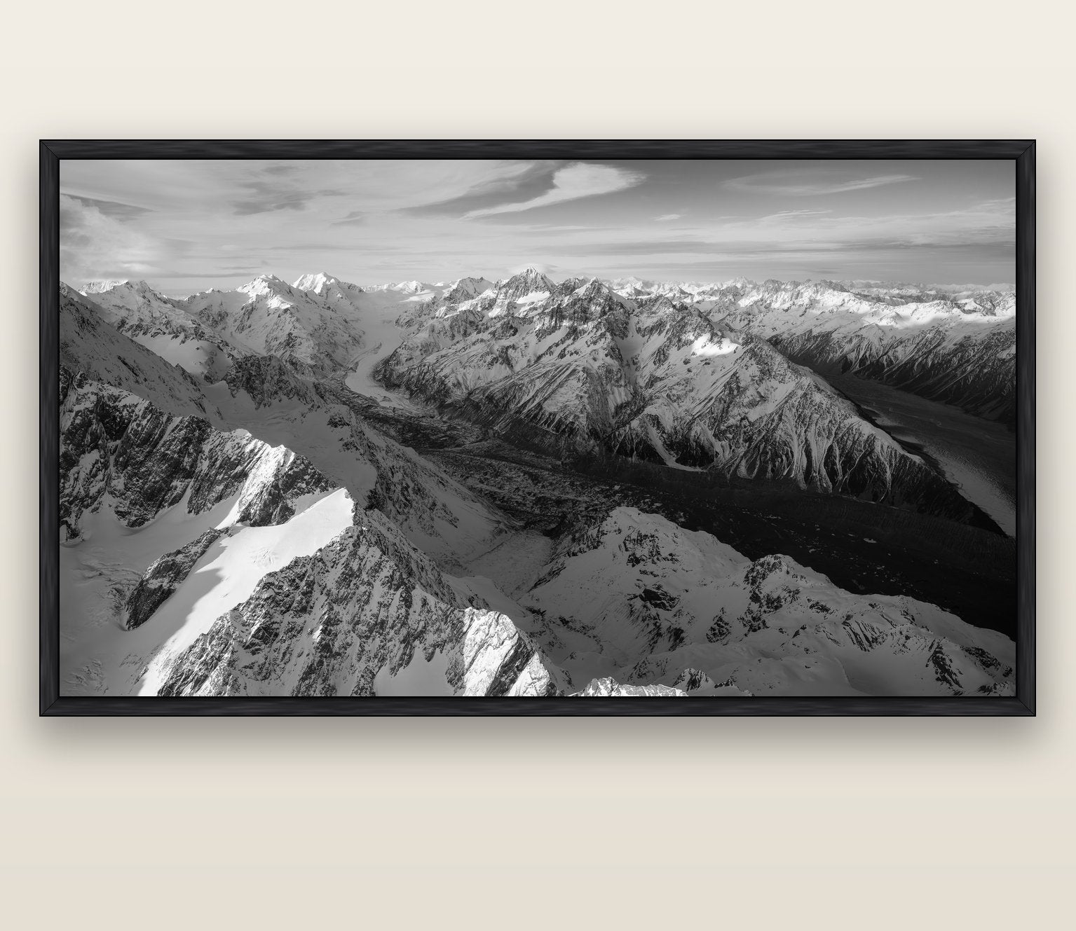 The Great Divide, Southern Alps — black float frame canvas, 200 × 130 cm. New Zealand fine art landscape wall art by Stephen Milner.