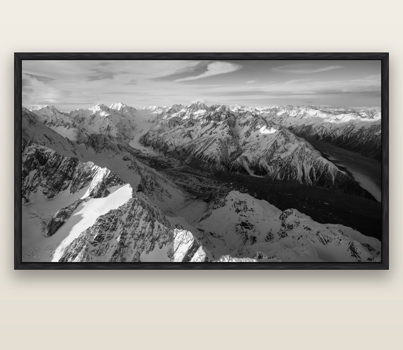 The Great Divide, Southern Alps — black float frame canvas, 201 × 99 cm. New Zealand fine art landscape wall art by Stephen Milner.