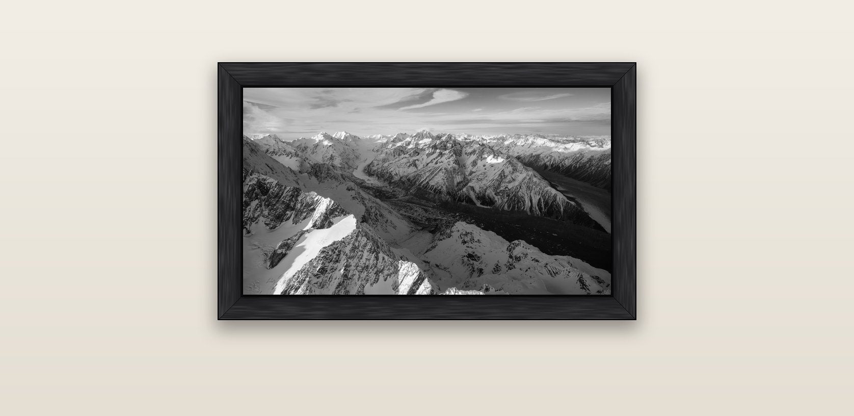 The Great Divide, Southern Alps — black float frame canvas, 61 × 36 cm. New Zealand fine art landscape wall art by Stephen Milner.