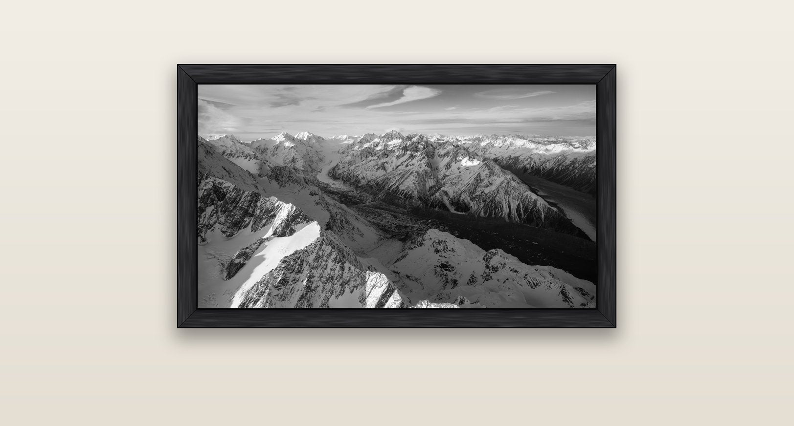 The Great Divide, Southern Alps — black float frame canvas, 81 × 46 cm. New Zealand fine art landscape wall art by Stephen Milner.