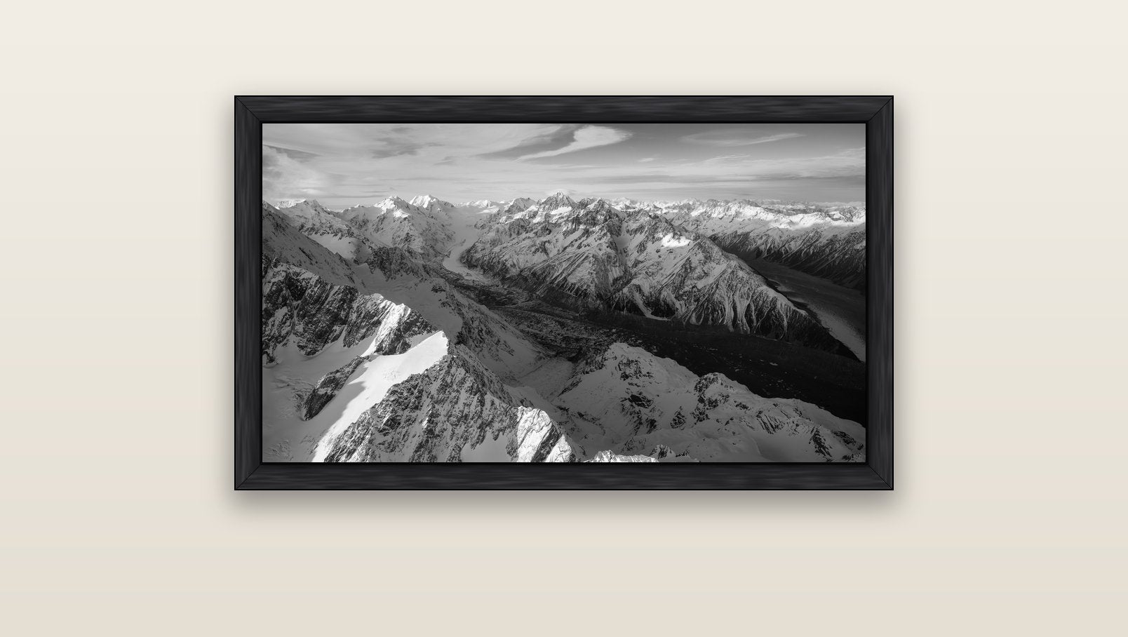 The Great Divide, Southern Alps — black float frame canvas, 91 × 51 cm. New Zealand fine art landscape wall art by Stephen Milner.