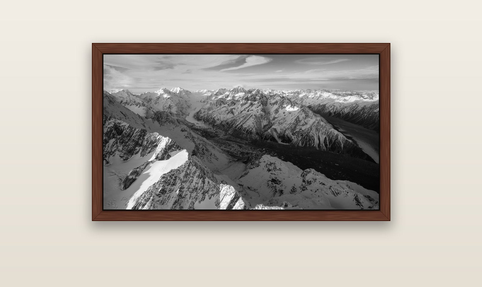The Great Divide, Southern Alps — brown float frame canvas, 102 × 56 cm. New Zealand fine art landscape wall art by Stephen Milner.