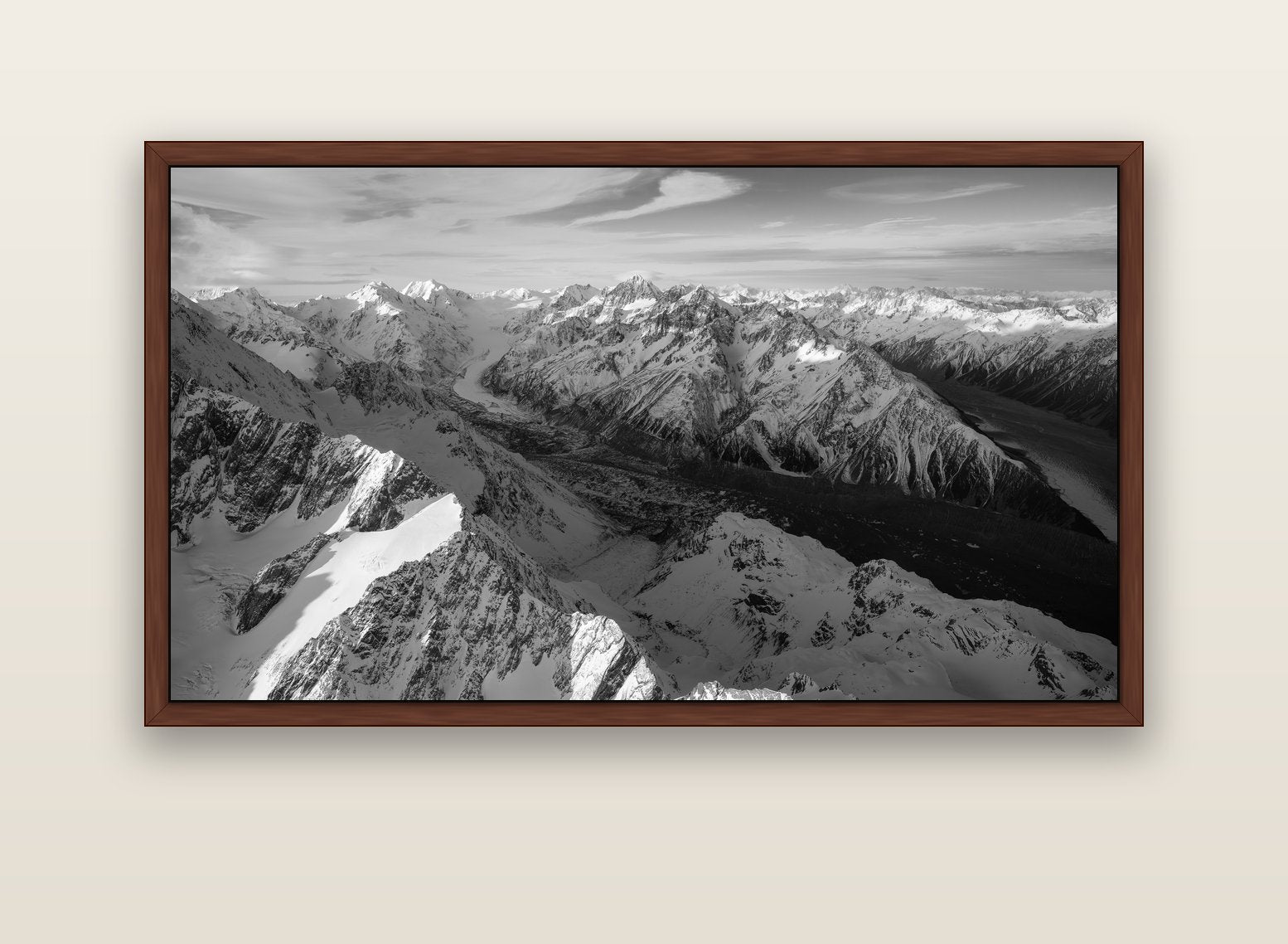The Great Divide, Southern Alps — brown float frame canvas, 152 × 86 cm. New Zealand fine art landscape wall art by Stephen Milner.