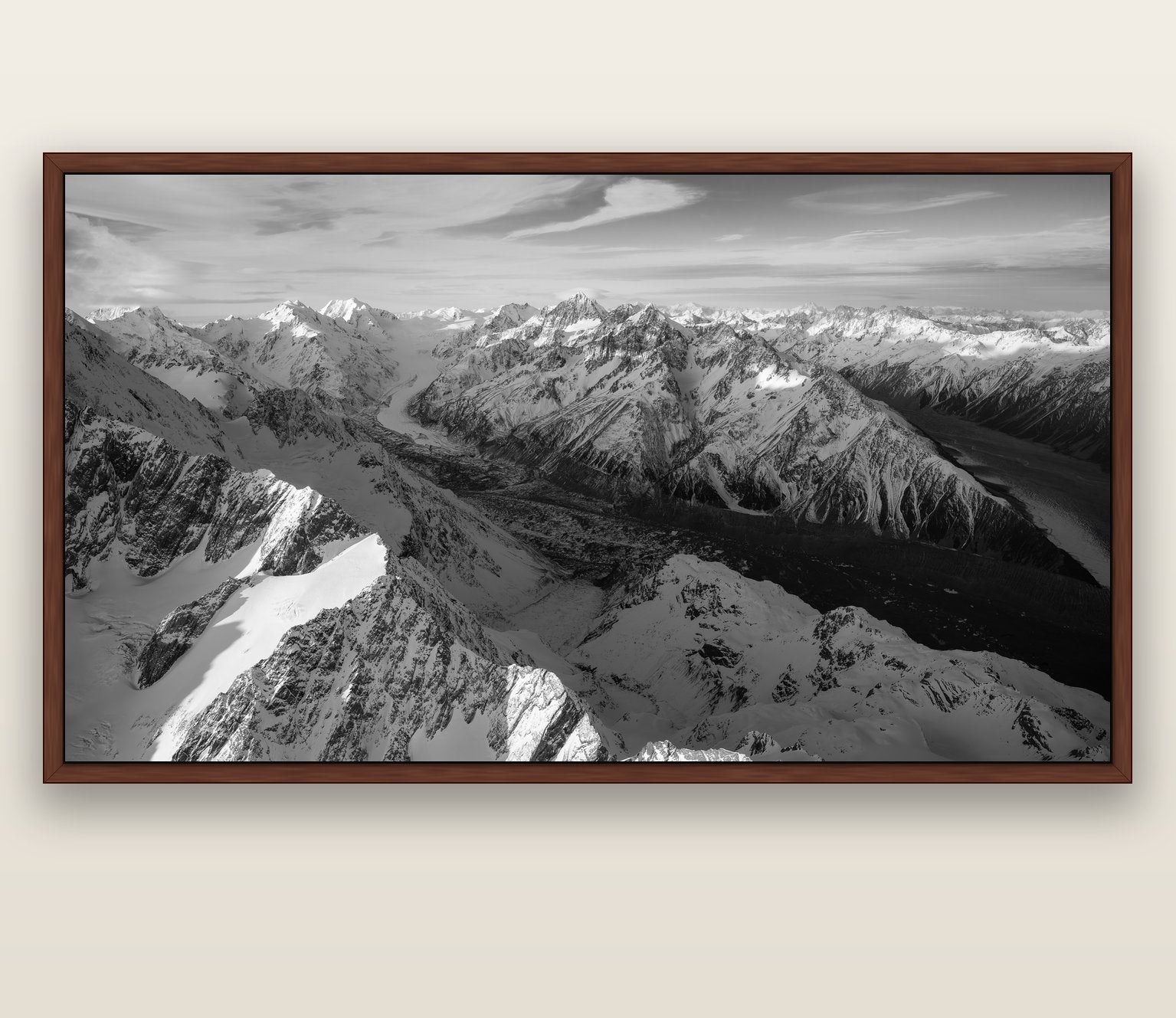 The Great Divide, Southern Alps — brown float frame canvas, 200 × 130 cm. New Zealand fine art landscape wall art by Stephen Milner.