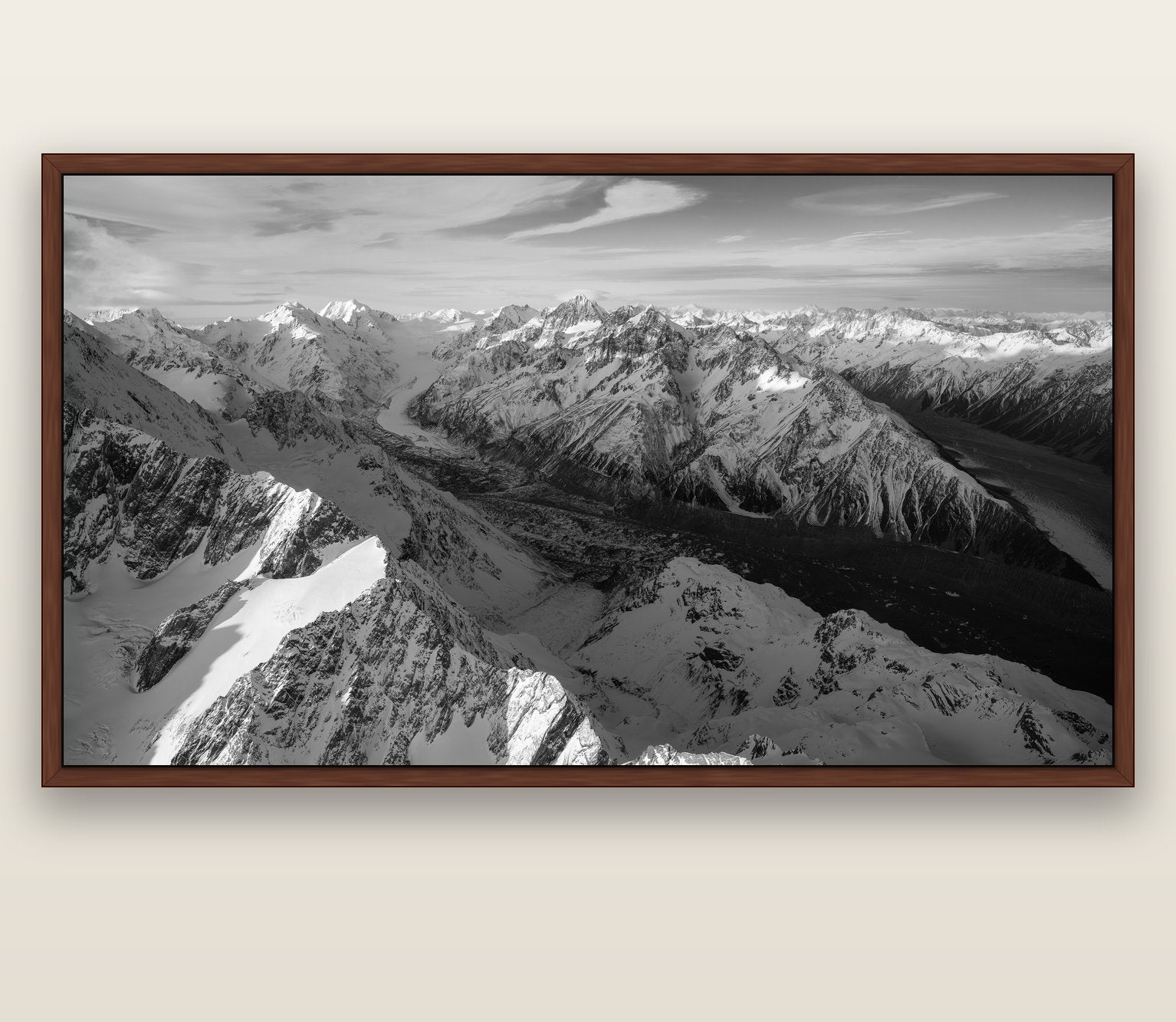 The Great Divide, Southern Alps — brown float frame canvas, 201 × 99 cm. New Zealand fine art landscape wall art by Stephen Milner.
