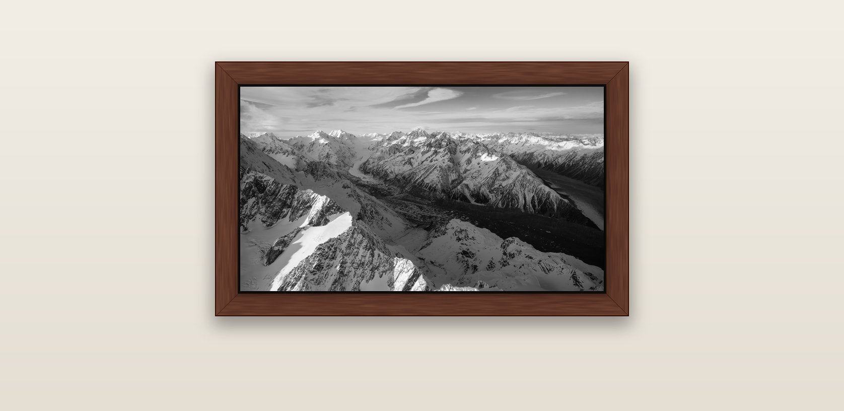 The Great Divide, Southern Alps — brown float frame canvas, 61 × 36 cm. New Zealand fine art landscape wall art by Stephen Milner.