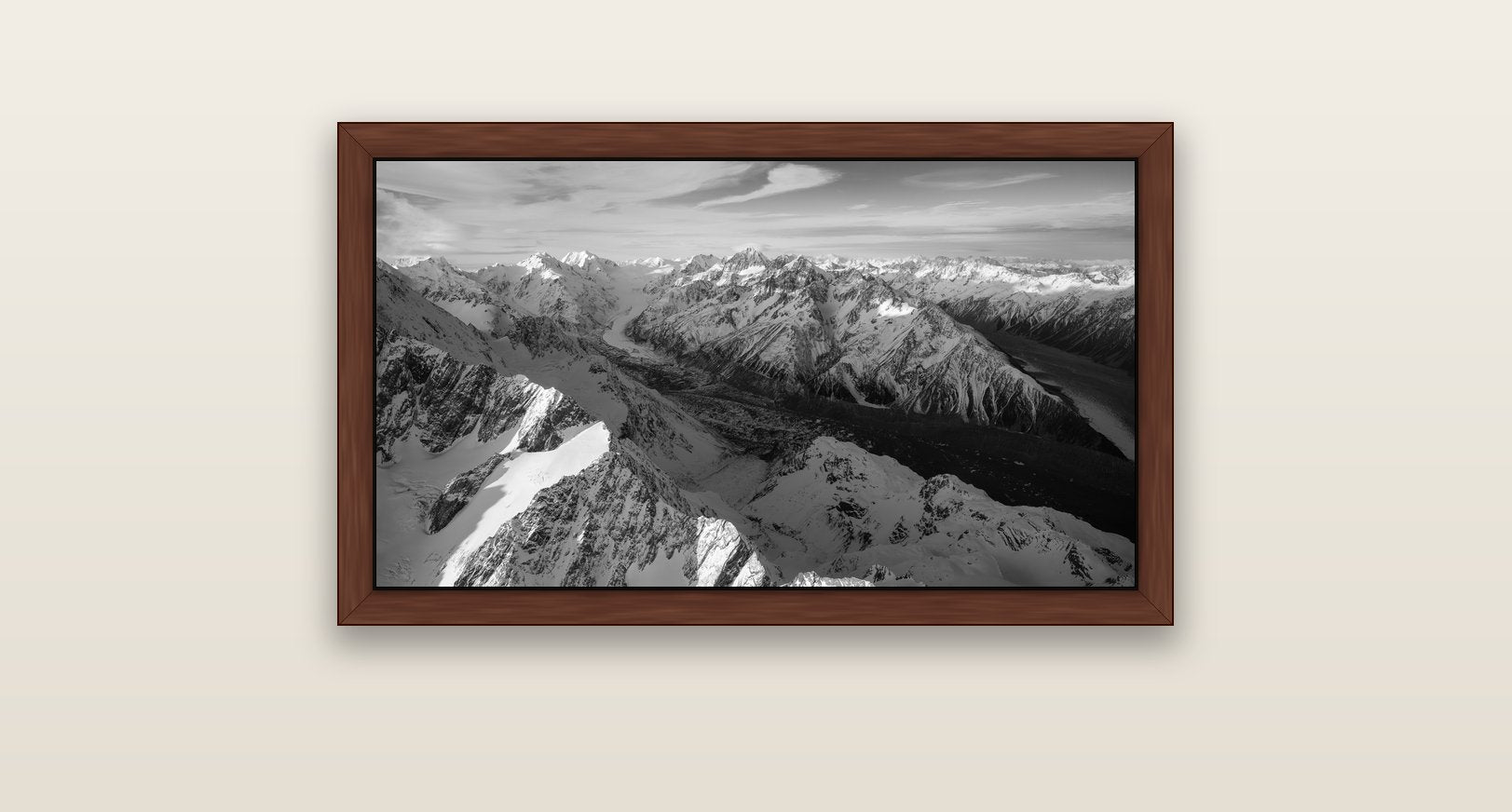 The Great Divide, Southern Alps — brown float frame canvas, 81 × 46 cm. New Zealand fine art landscape wall art by Stephen Milner.