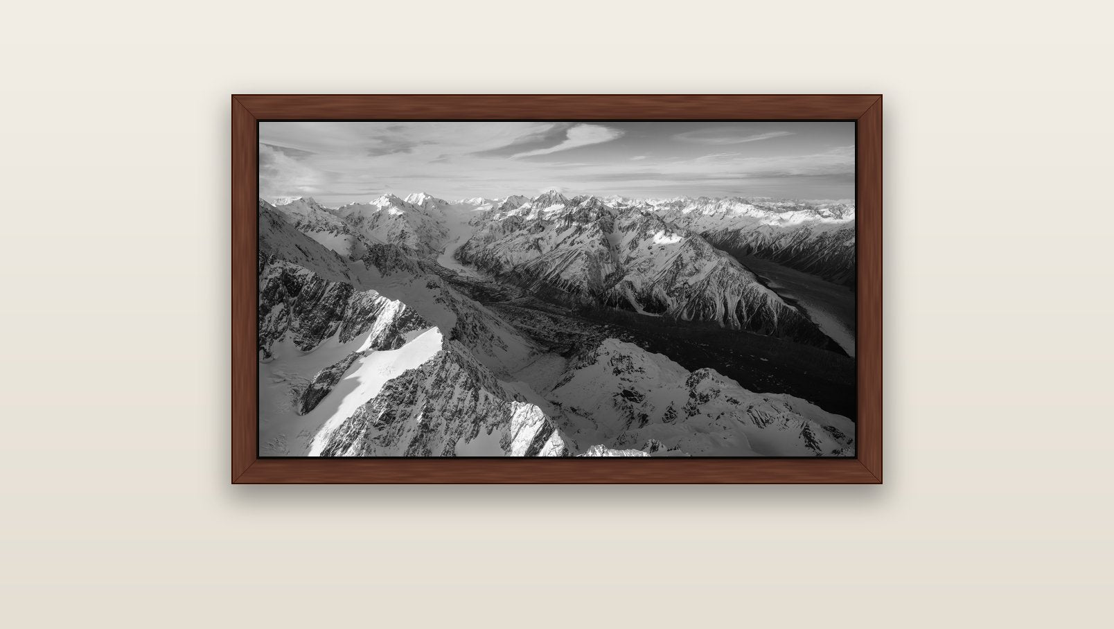 The Great Divide, Southern Alps — brown float frame canvas, 91 × 51 cm. New Zealand fine art landscape wall art by Stephen Milner.