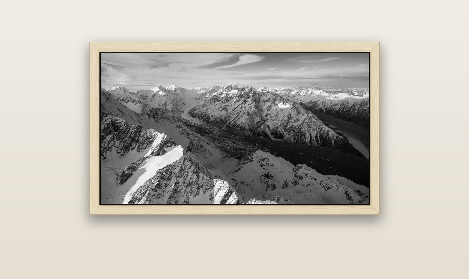 The Great Divide, Southern Alps — natural float frame canvas, 102 × 56 cm. New Zealand fine art landscape wall art by Stephen Milner.