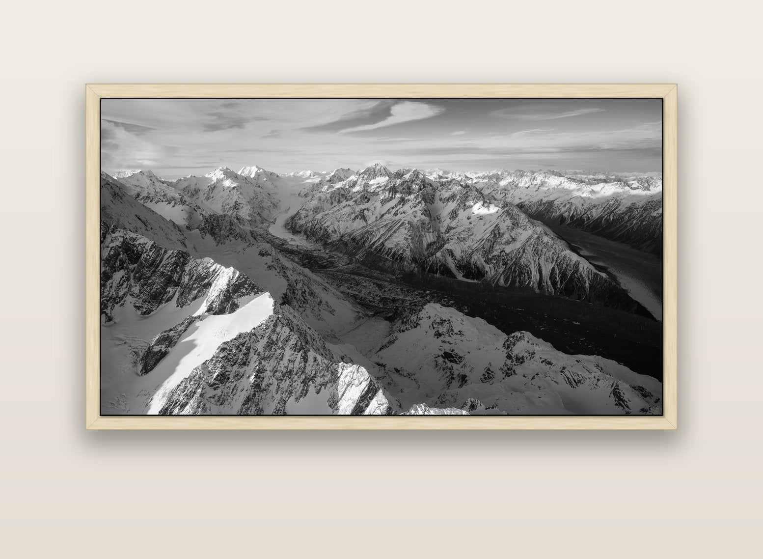 The Great Divide, Southern Alps — natural float frame canvas, 152 × 86 cm. New Zealand fine art landscape wall art by Stephen Milner.