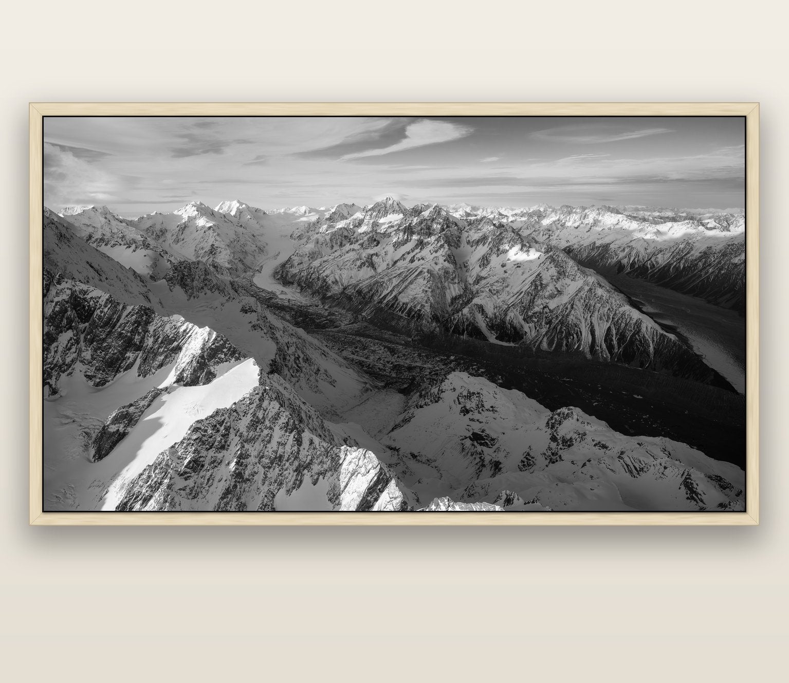 The Great Divide, Southern Alps — natural float frame canvas, 200 × 130 cm. New Zealand fine art landscape wall art by Stephen Milner.