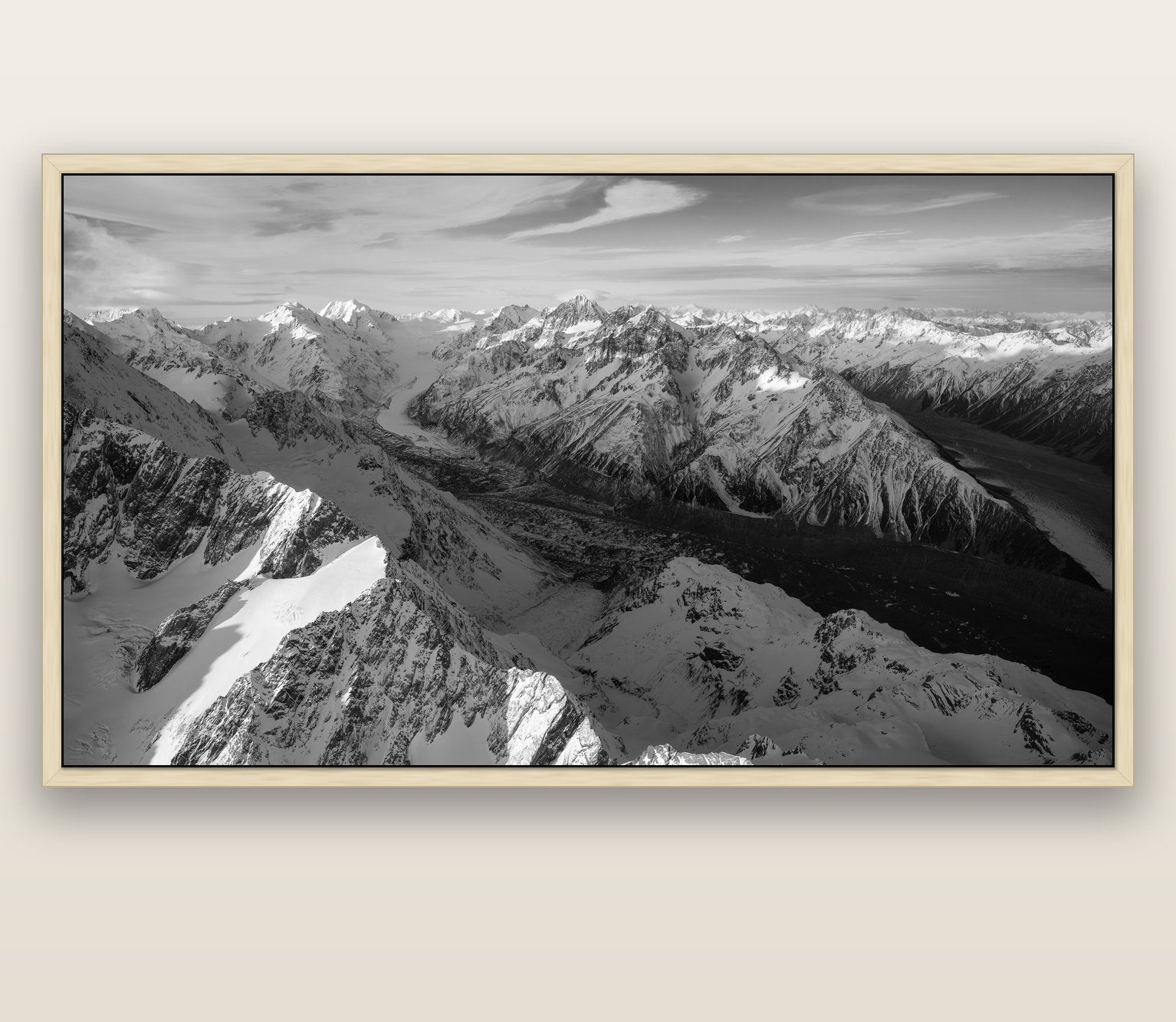 The Great Divide, Southern Alps — natural float frame canvas, 201 × 99 cm. New Zealand fine art landscape wall art by Stephen Milner.