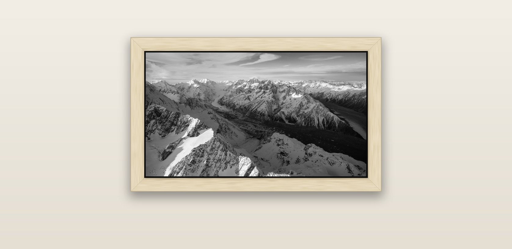 The Great Divide, Southern Alps — natural float frame canvas, 61 × 36 cm. New Zealand fine art landscape wall art by Stephen Milner.