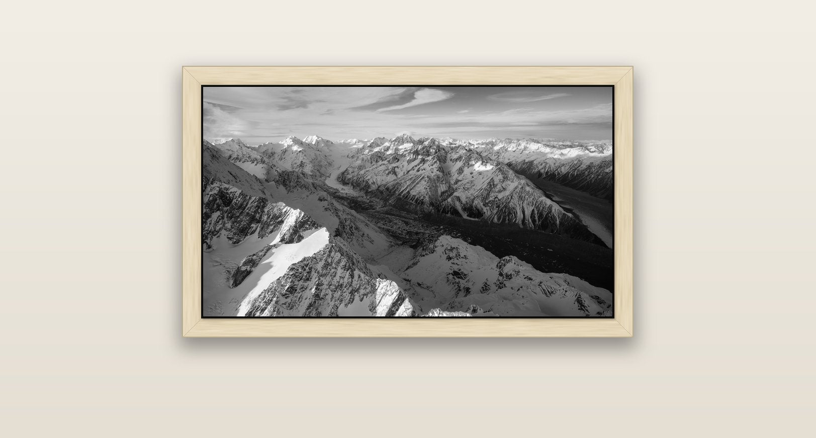 The Great Divide, Southern Alps — natural float frame canvas, 81 × 46 cm. New Zealand fine art landscape wall art by Stephen Milner.