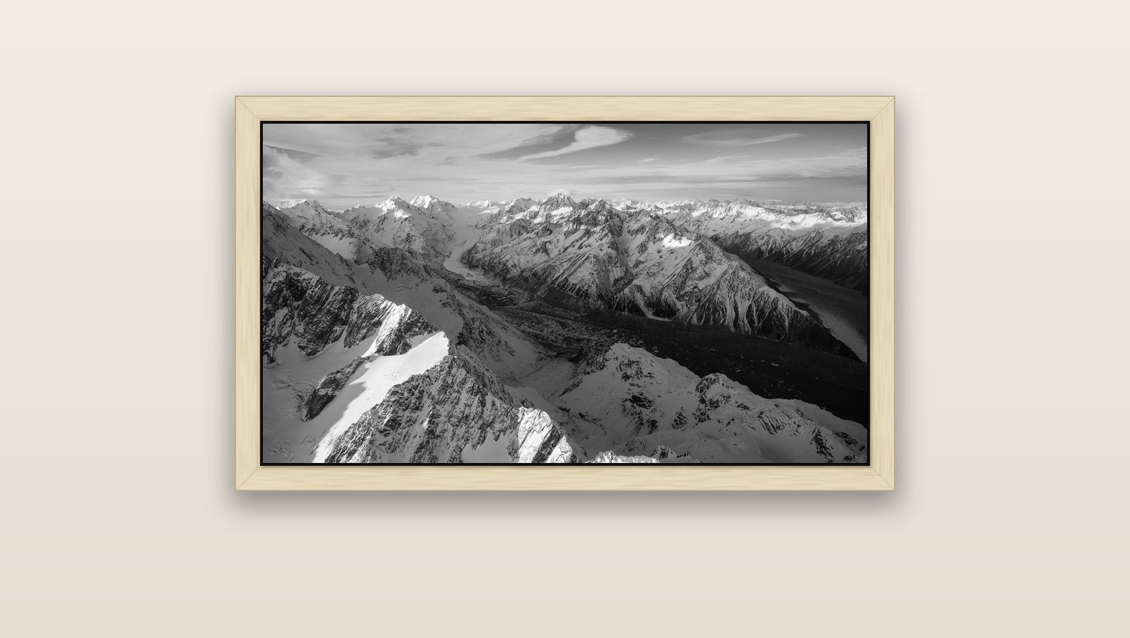 The Great Divide, Southern Alps — natural float frame canvas, 91 × 51 cm. New Zealand fine art landscape wall art by Stephen Milner.