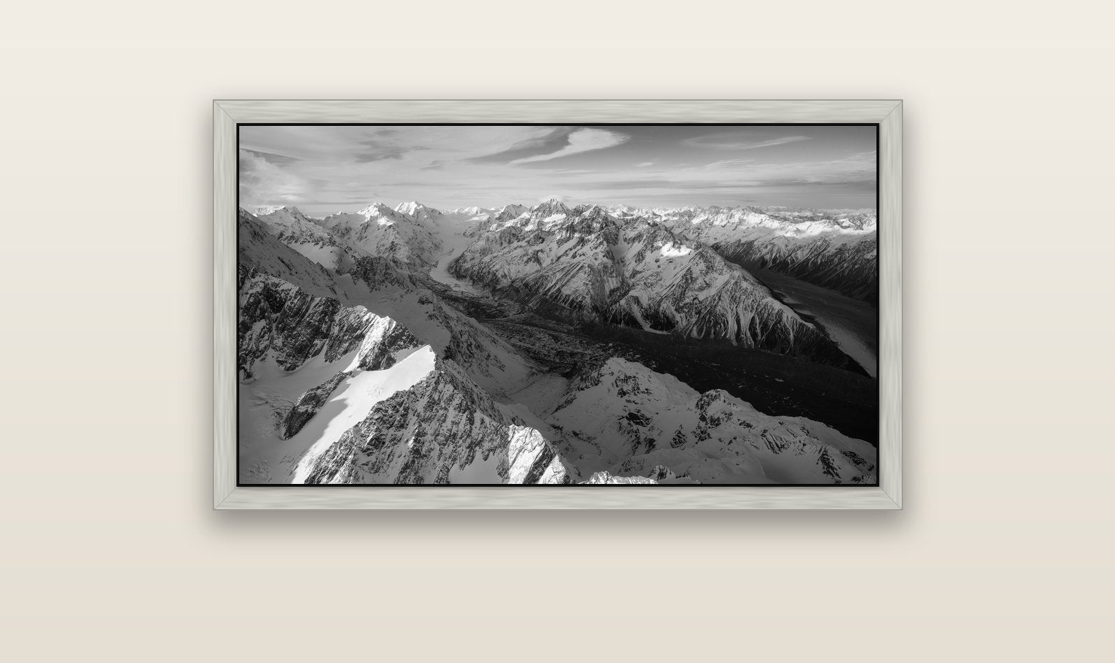 The Great Divide, Southern Alps — silver float frame canvas, 102 × 56 cm. New Zealand fine art landscape wall art by Stephen Milner.