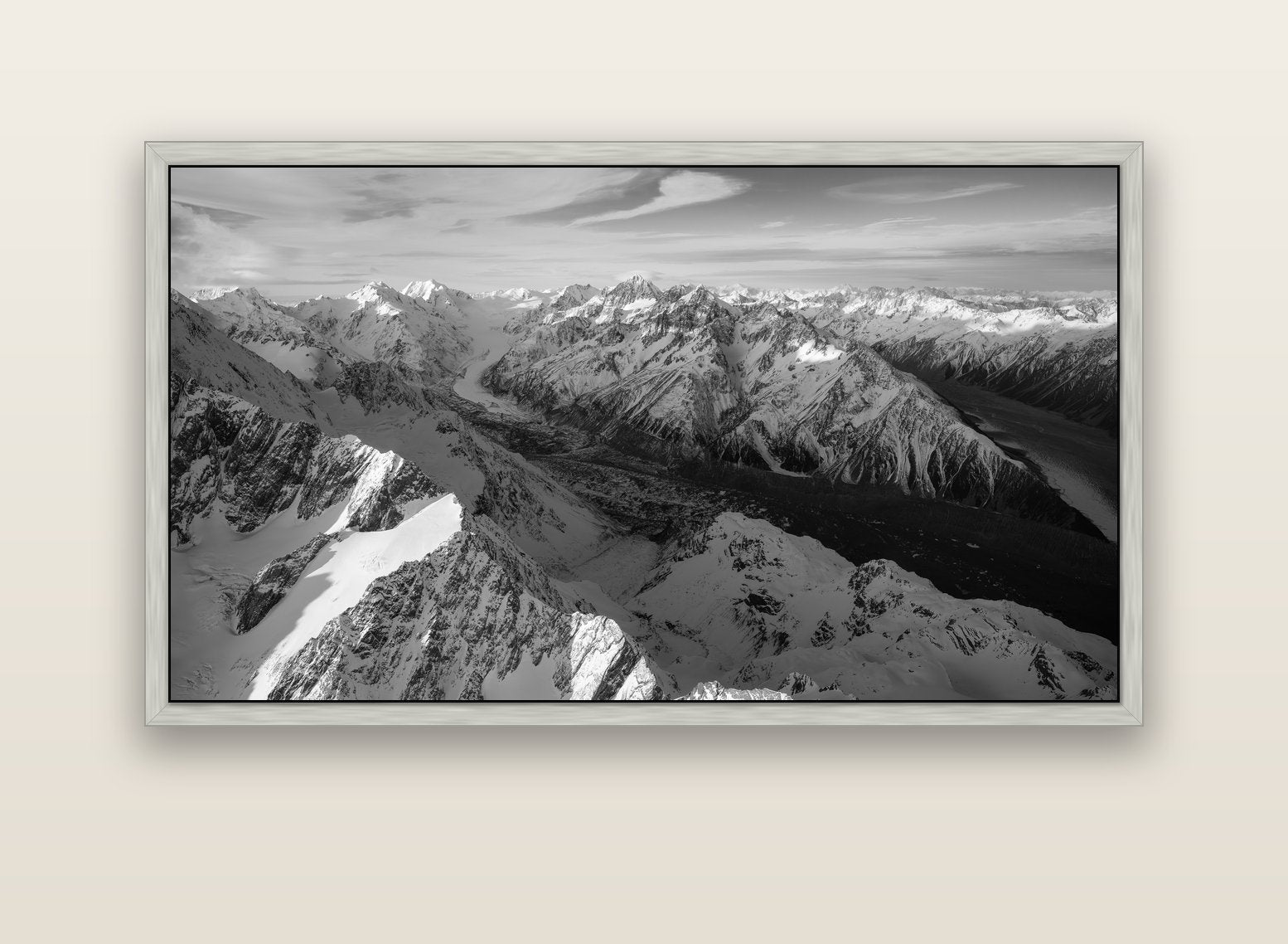 The Great Divide, Southern Alps — silver float frame canvas, 152 × 86 cm. New Zealand fine art landscape wall art by Stephen Milner.