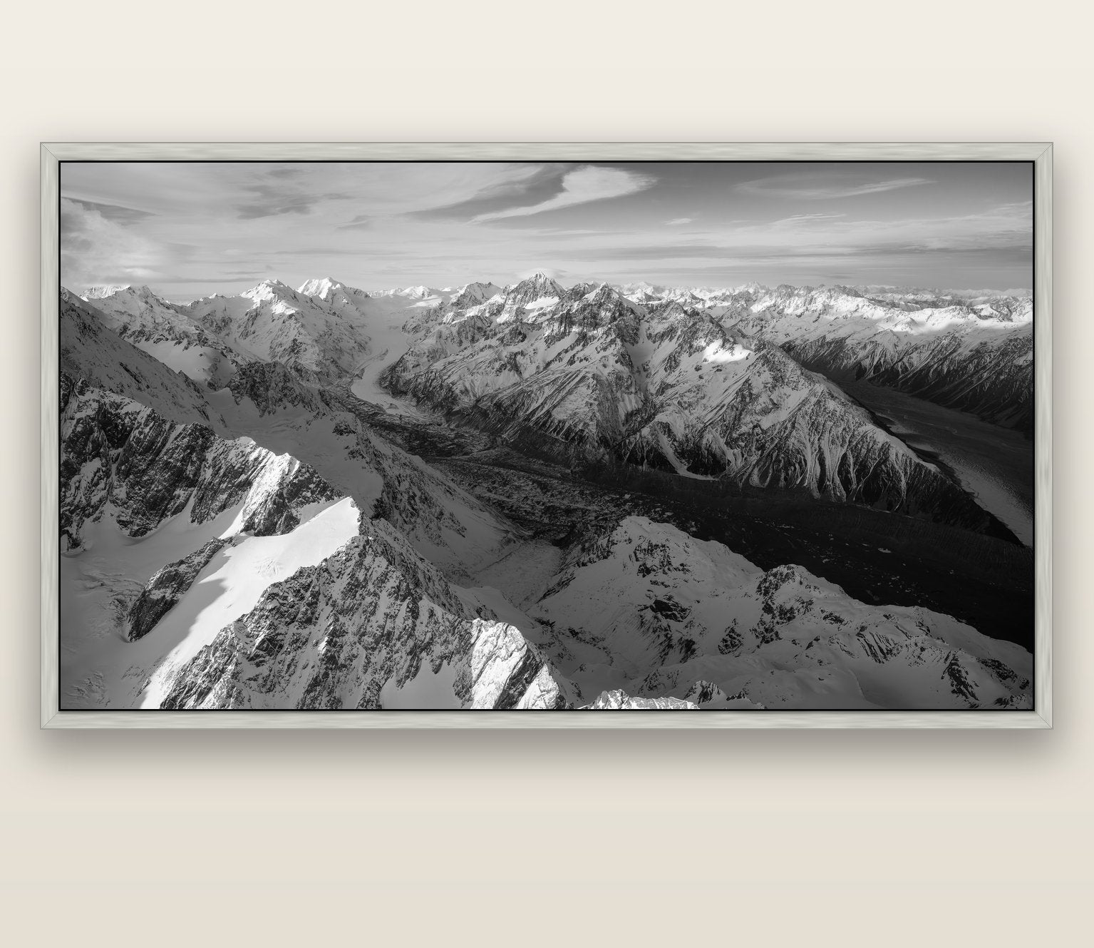 The Great Divide, Southern Alps — silver float frame canvas, 200 × 130 cm. New Zealand fine art landscape wall art by Stephen Milner.