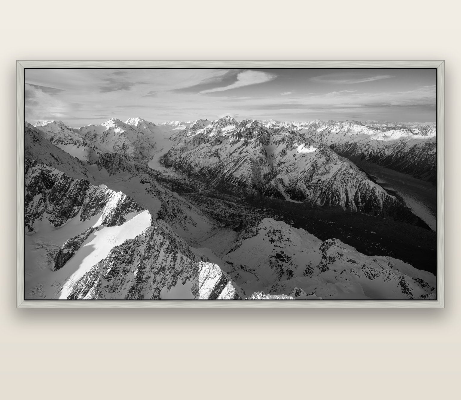 The Great Divide, Southern Alps — silver float frame canvas, 201 × 99 cm. New Zealand fine art landscape wall art by Stephen Milner.