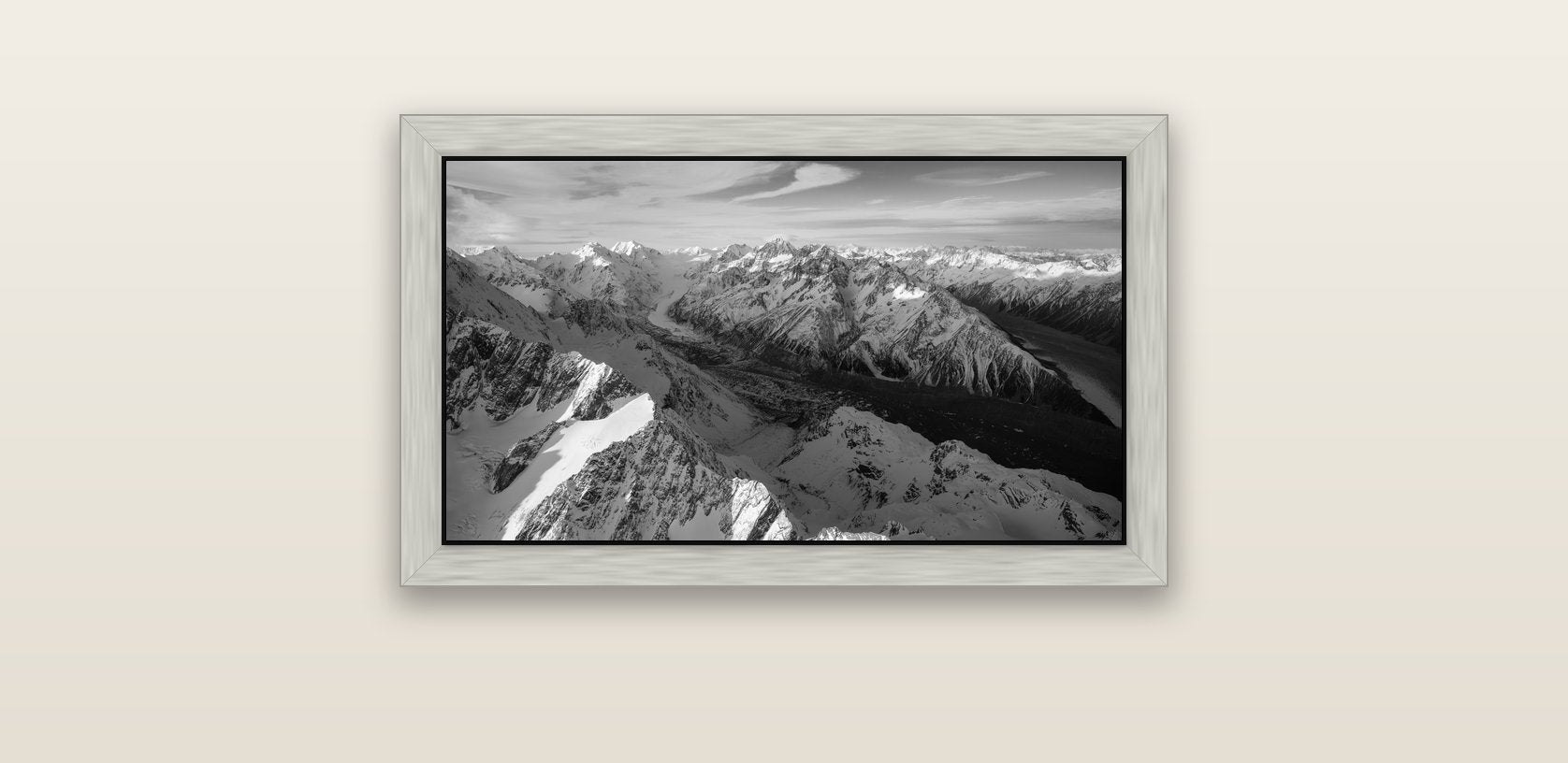The Great Divide, Southern Alps — silver float frame canvas, 61 × 36 cm. New Zealand fine art landscape wall art by Stephen Milner.