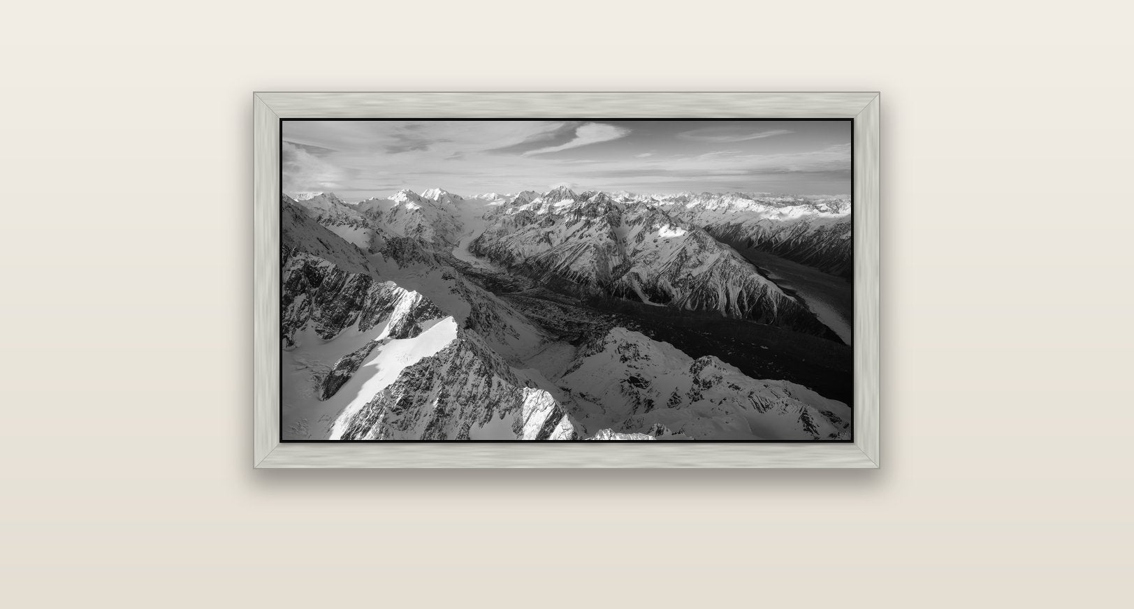 The Great Divide, Southern Alps — silver float frame canvas, 81 × 46 cm. New Zealand fine art landscape wall art by Stephen Milner.