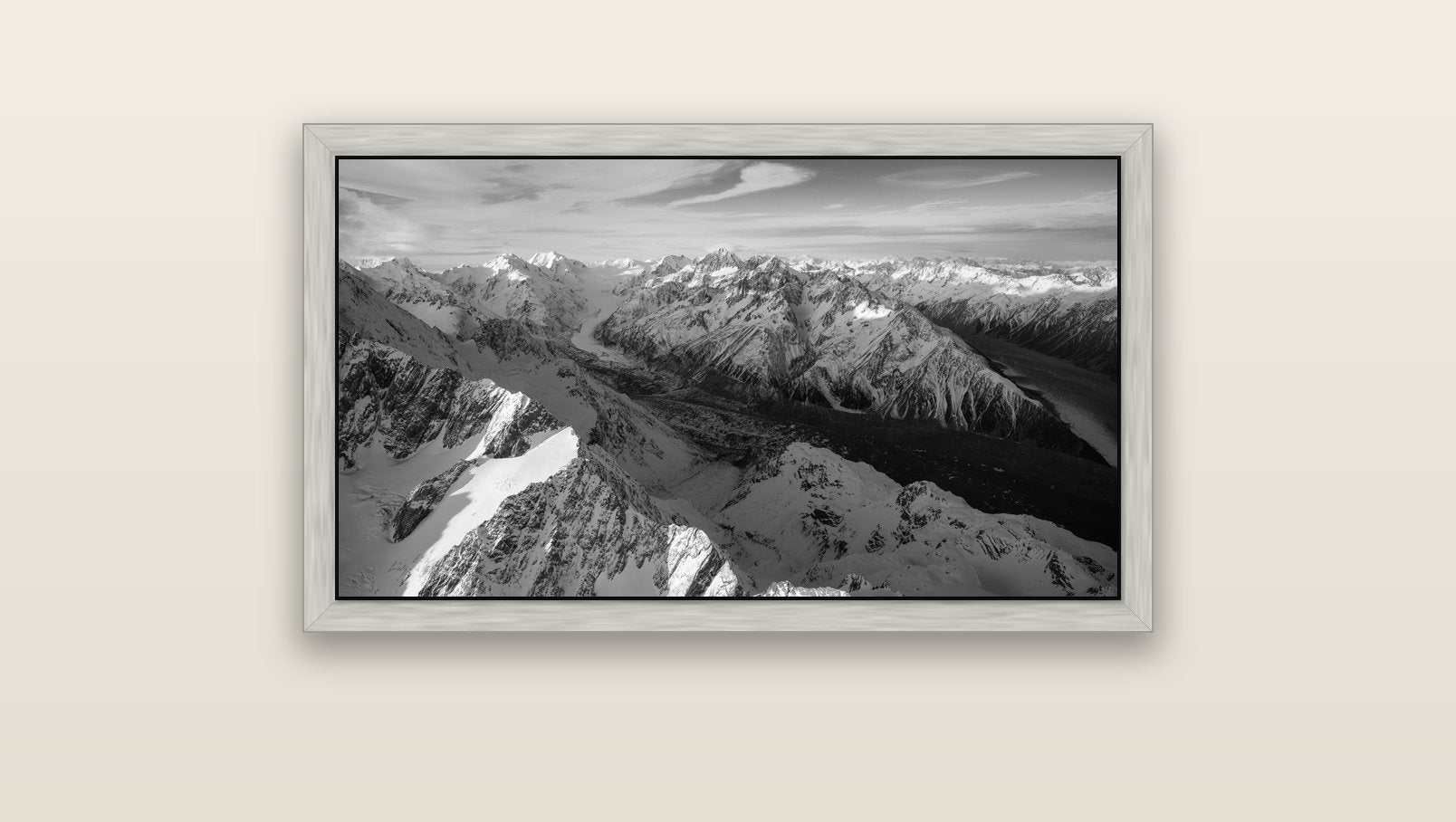 The Great Divide, Southern Alps — silver float frame canvas, 91 × 51 cm. New Zealand fine art landscape wall art by Stephen Milner.