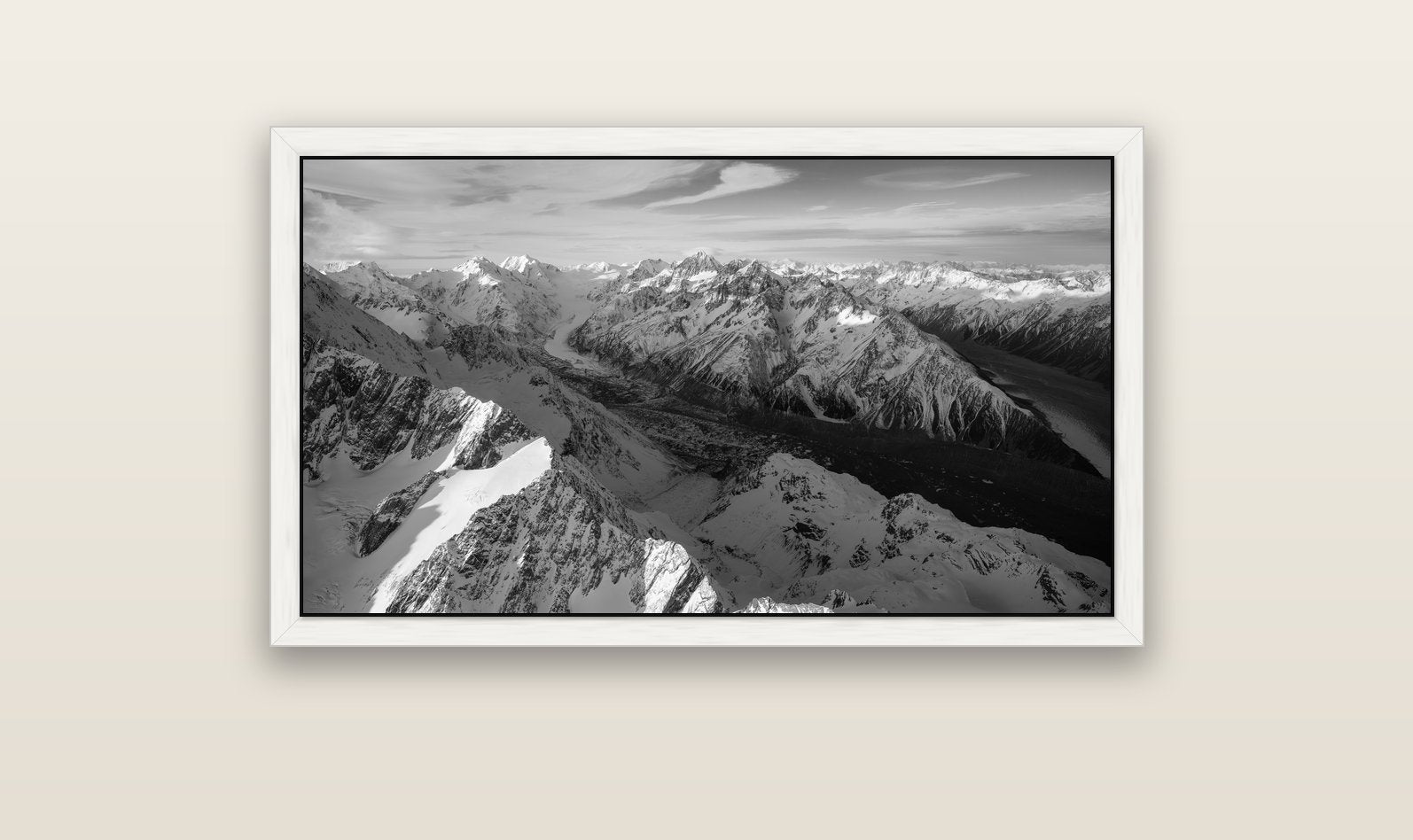The Great Divide, Southern Alps — white float frame canvas, 102 × 56 cm. New Zealand fine art landscape wall art by Stephen Milner.
