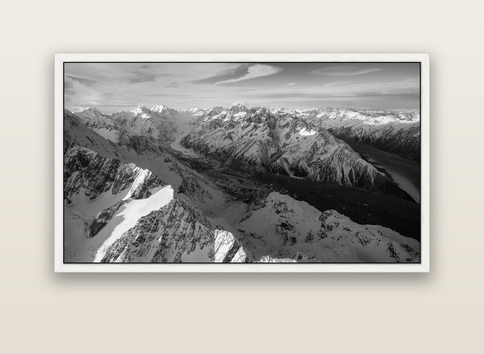 The Great Divide, Southern Alps — white float frame canvas, 152 × 86 cm. New Zealand fine art landscape wall art by Stephen Milner.