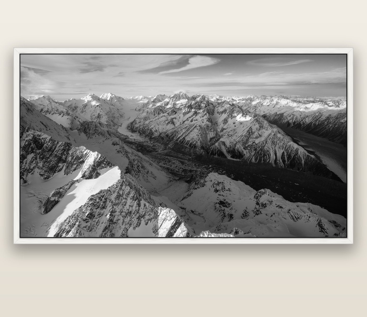 The Great Divide, Southern Alps — white float frame canvas, 200 × 130 cm. New Zealand fine art landscape wall art by Stephen Milner.