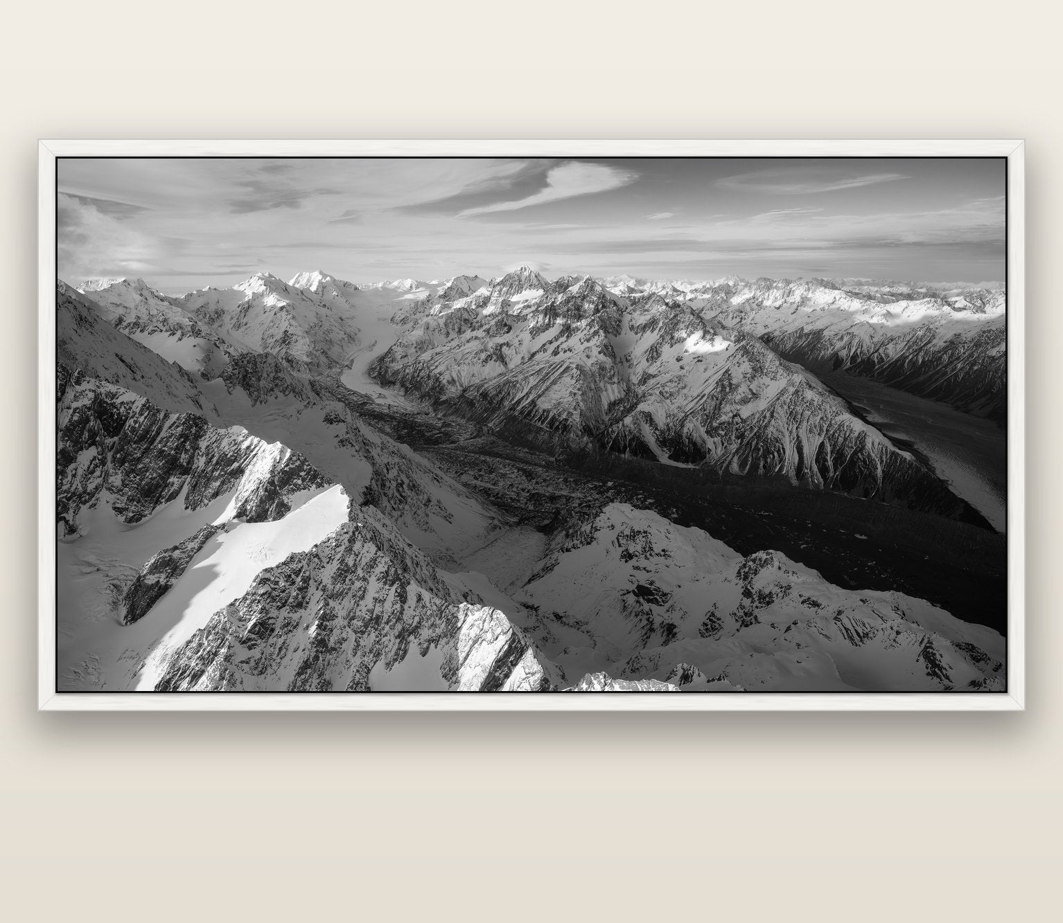 The Great Divide, Southern Alps — white float frame canvas, 201 × 99 cm. New Zealand fine art landscape wall art by Stephen Milner.