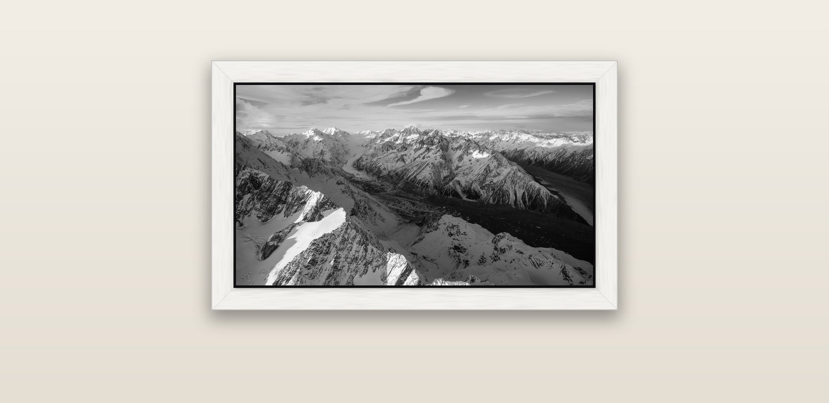 The Great Divide, Southern Alps — white float frame canvas, 61 × 36 cm. New Zealand fine art landscape wall art by Stephen Milner.