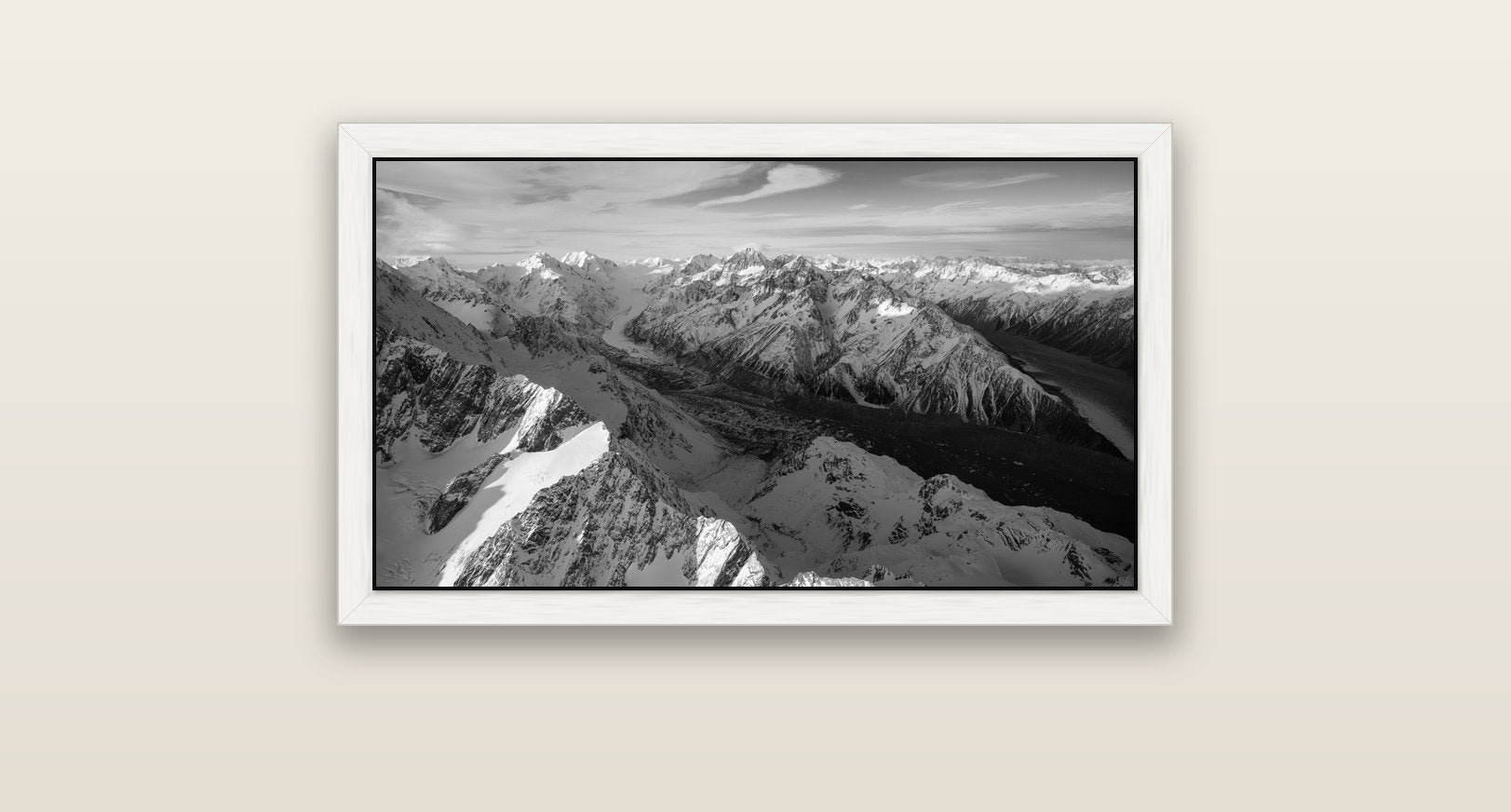 The Great Divide, Southern Alps — white float frame canvas, 81 × 46 cm. New Zealand fine art landscape wall art by Stephen Milner.