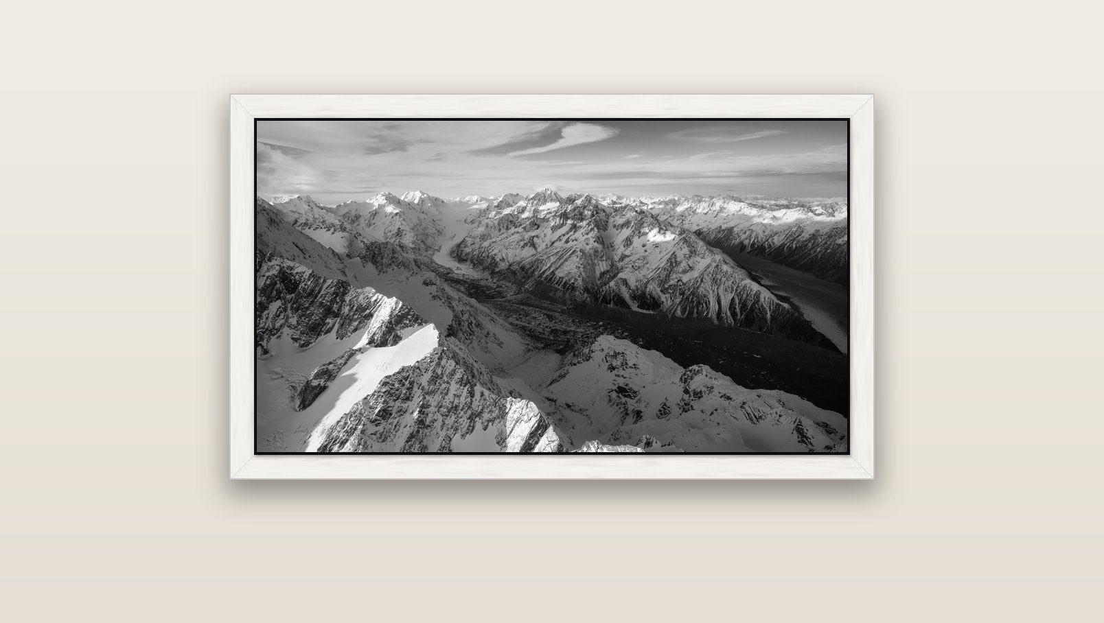 The Great Divide, Southern Alps — white float frame canvas, 91 × 51 cm. New Zealand fine art landscape wall art by Stephen Milner.