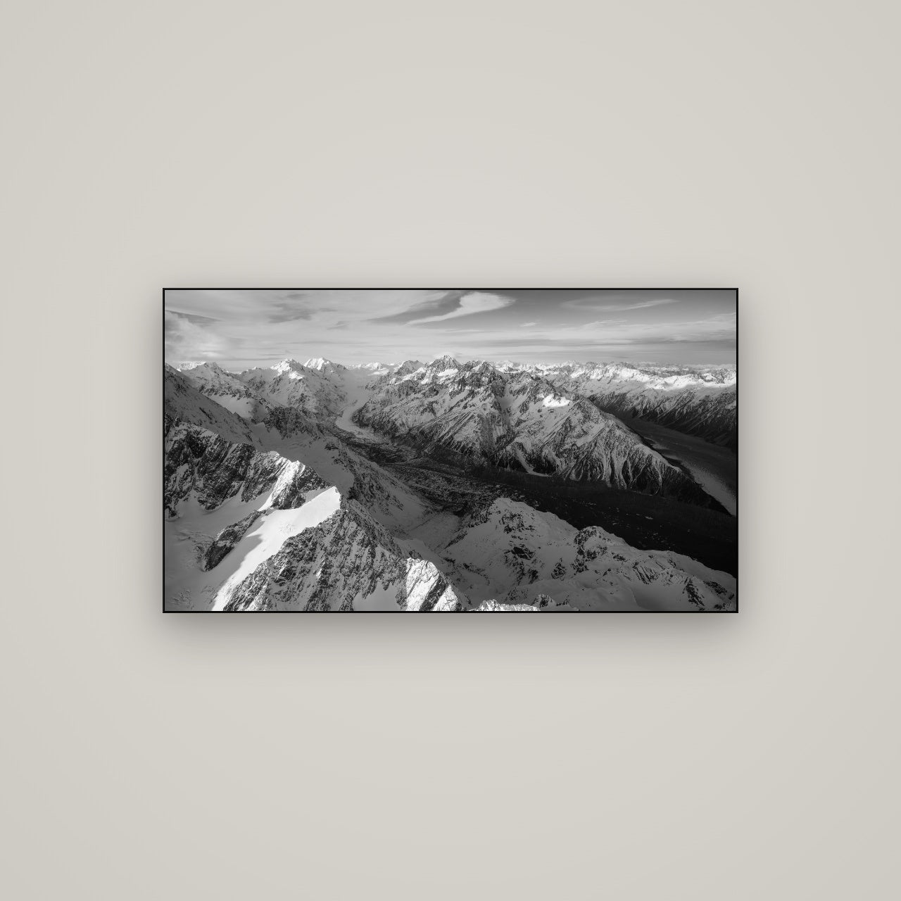 The Great Divide, Southern Alps — Slimline Black, 107×60 cm. New Zealand fine art wall art by Stephen Milner.