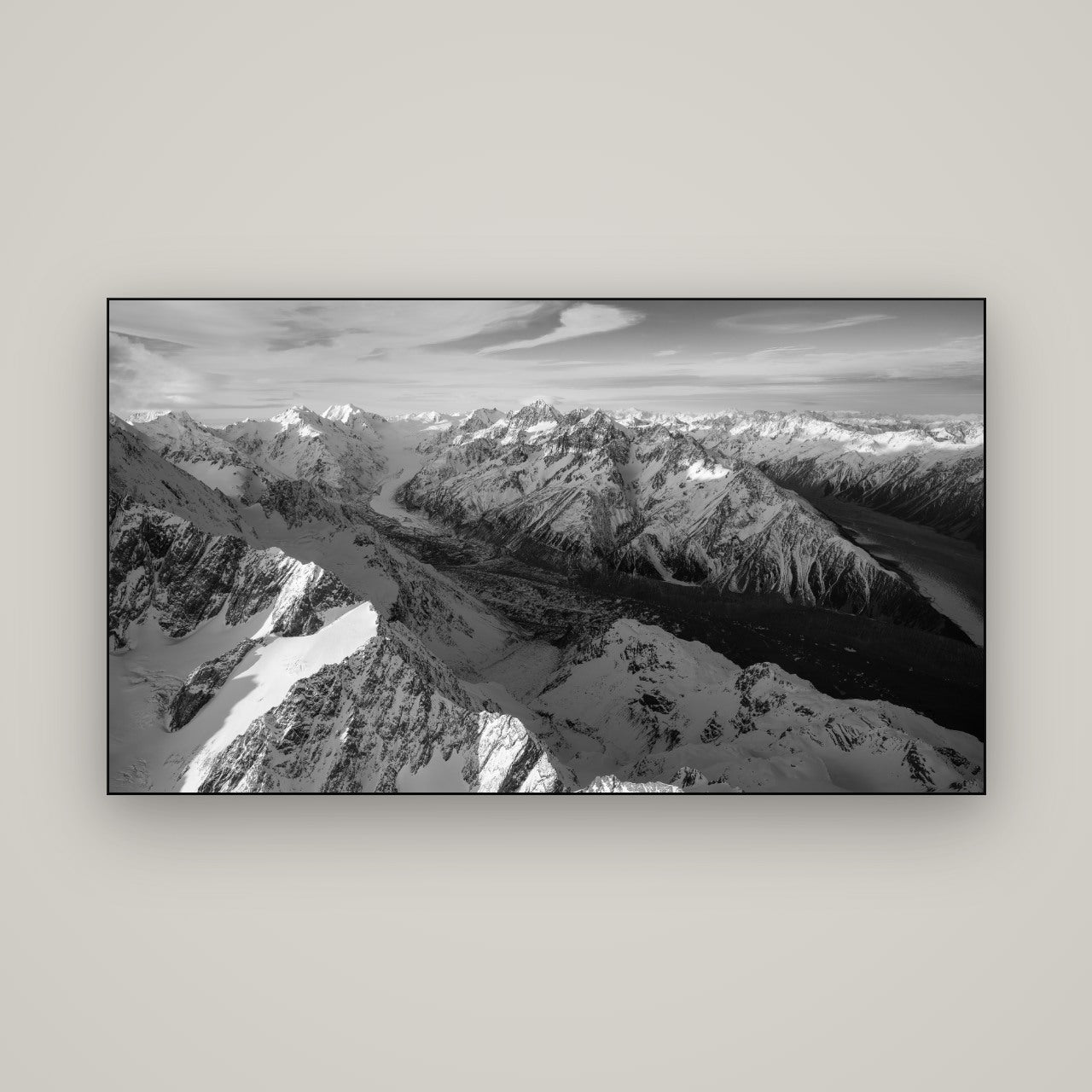 The Great Divide, Southern Alps — Slimline Black, 160×90 cm. New Zealand fine art wall art by Stephen Milner.