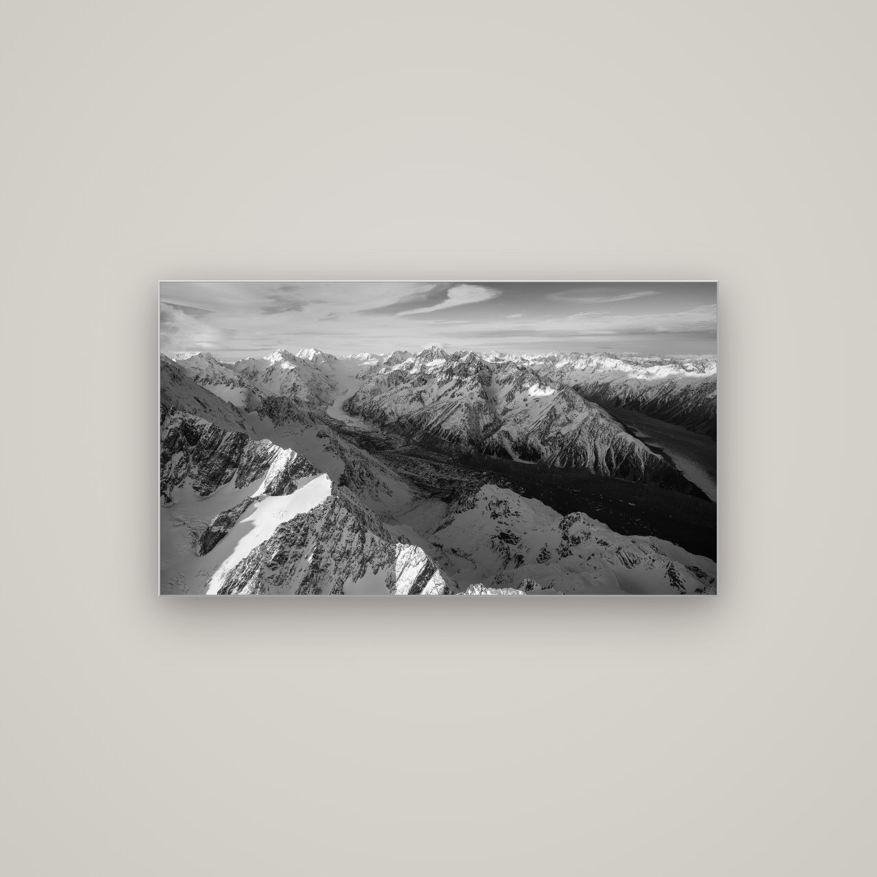 The Great Divide, Southern Alps — Slimline Silver, 107×60 cm. New Zealand fine art wall art by Stephen Milner.