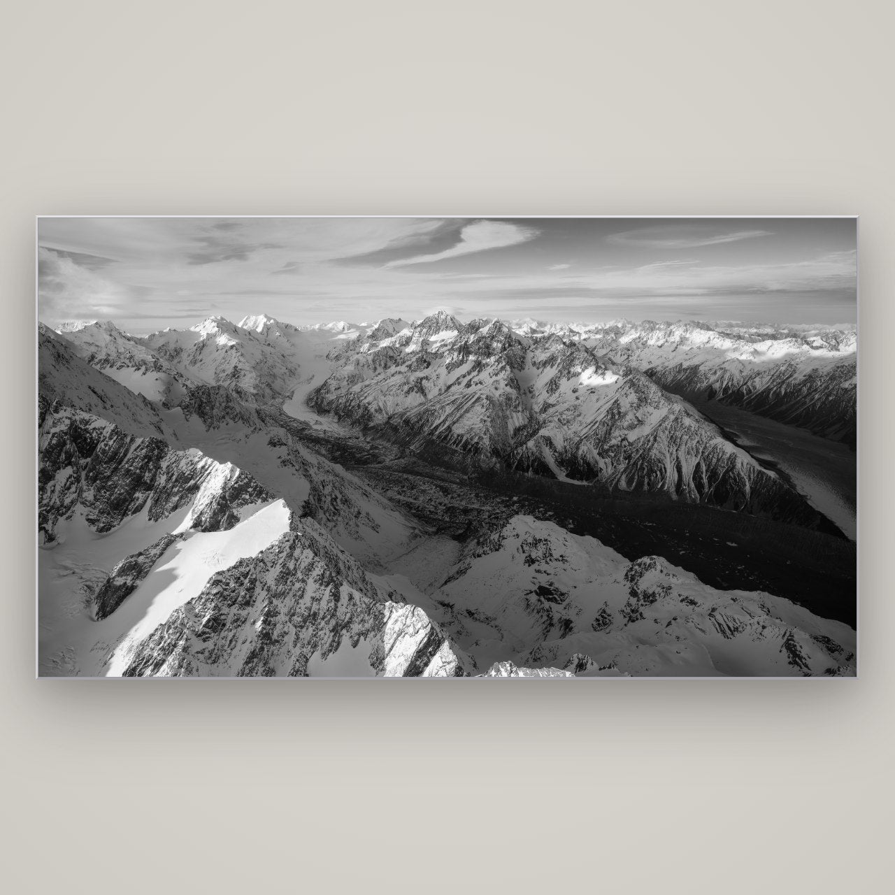 The Great Divide, Southern Alps — Slimline Silver, 196×110 cm. New Zealand fine art wall art by Stephen Milner.