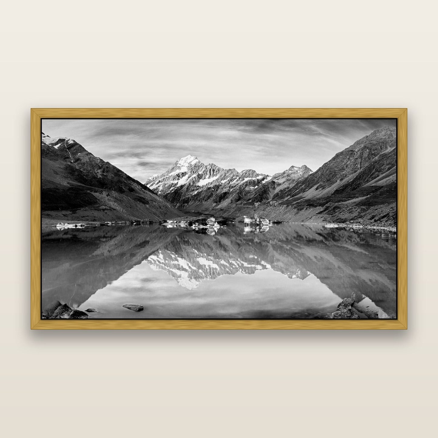 The Mirror Peak, Mount Cook — framed metallic canvas print, Antique Gold frame. New Zealand fine art landscape wall art by Stephen Milner.
