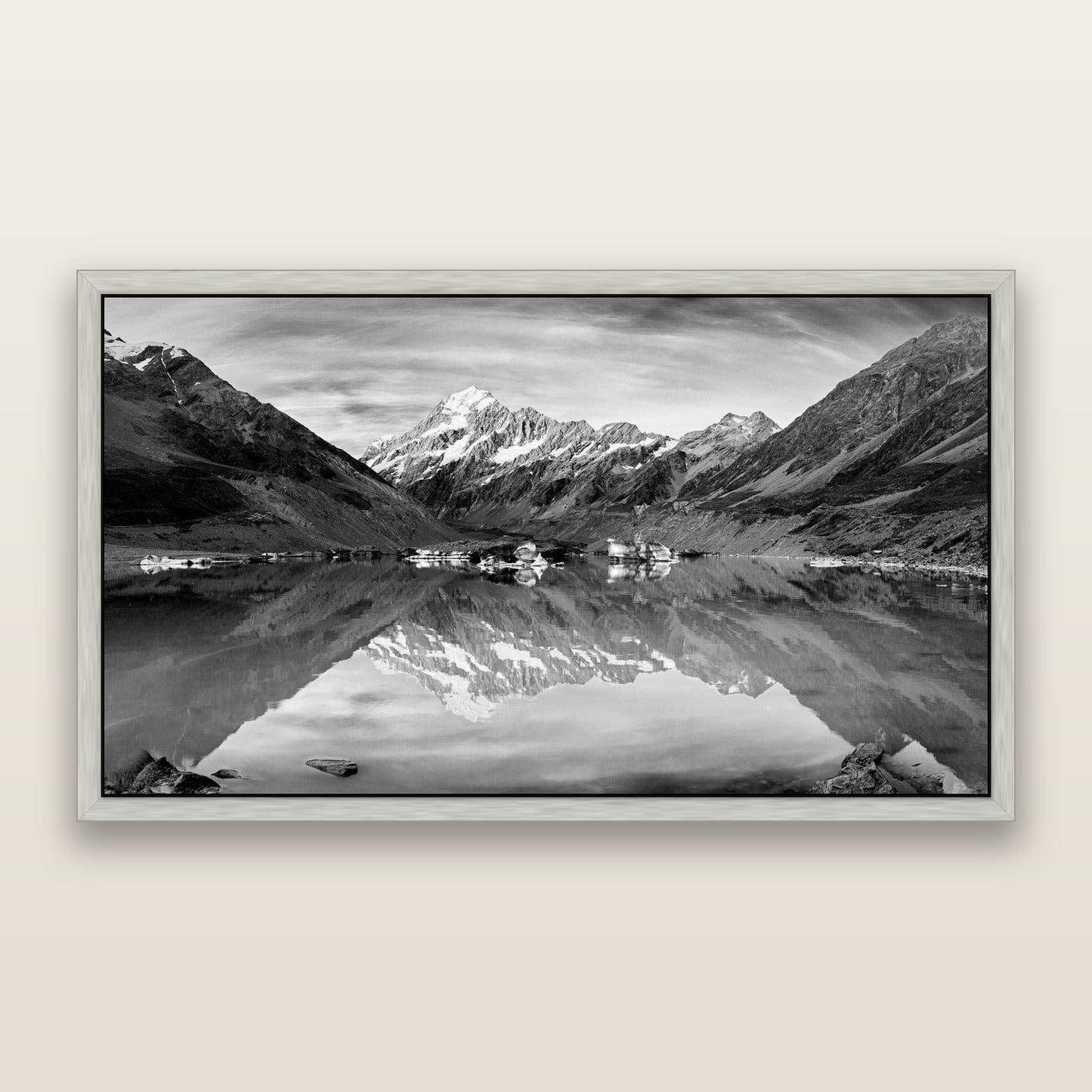 The Mirror Peak, Mount Cook — framed metallic canvas print, Antique Silver frame. New Zealand fine art landscape wall art by Stephen Milner.