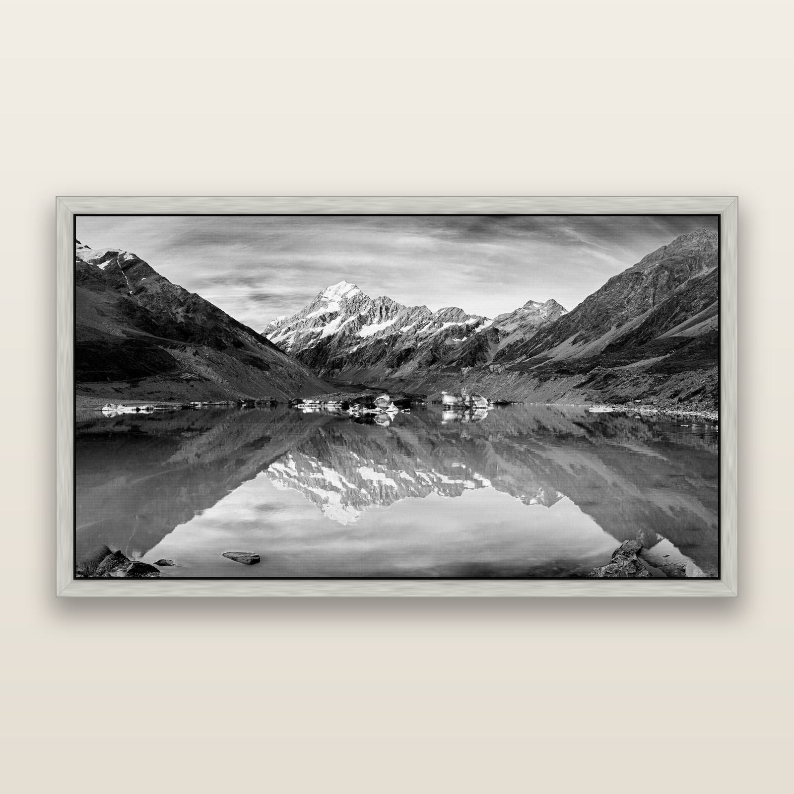 The Mirror Peak, Mount Cook — framed metallic canvas print, Antique Silver frame. New Zealand fine art landscape wall art by Stephen Milner.