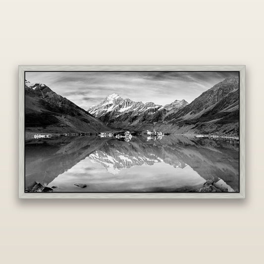 The Mirror Peak, Mount Cook — framed metallic canvas print, Antique Silver frame. New Zealand fine art landscape wall art by Stephen Milner.