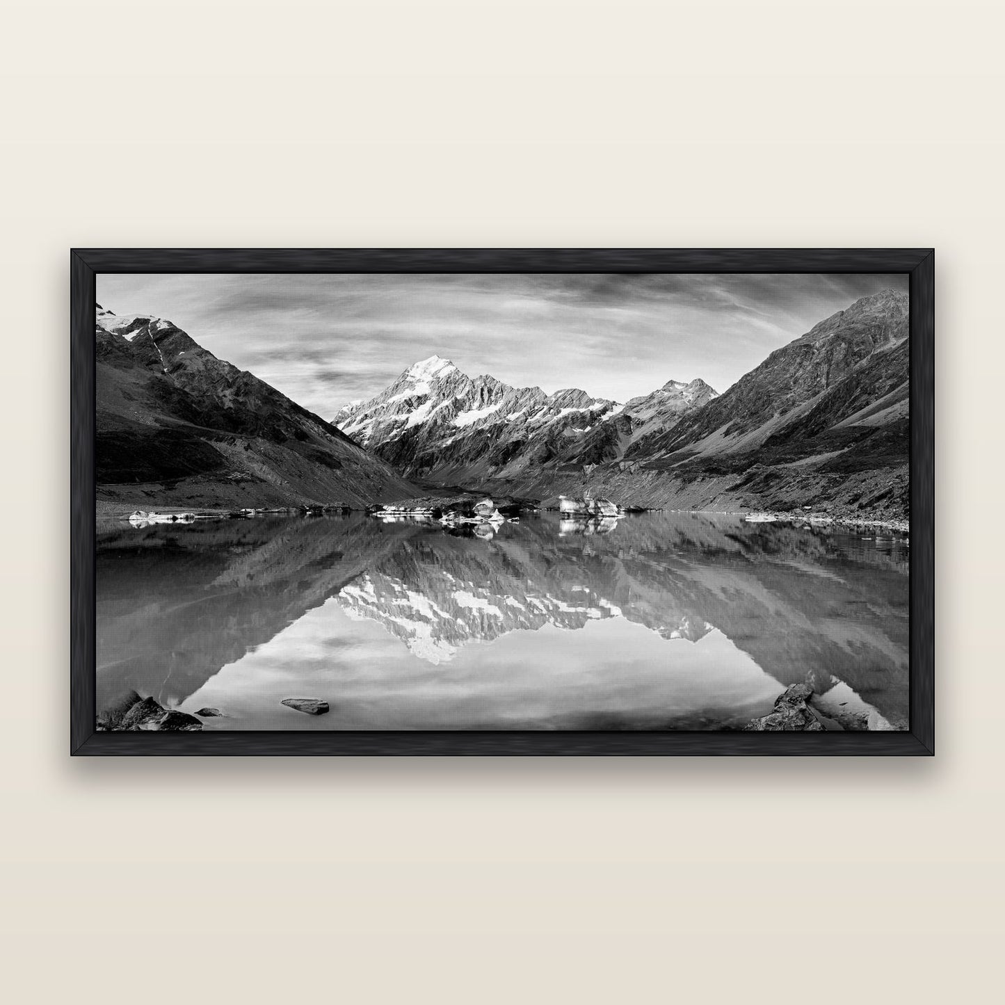 The Mirror Peak, Mount Cook — framed metallic canvas print, Black frame. New Zealand fine art landscape wall art by Stephen Milner.