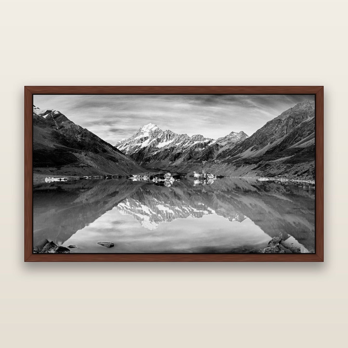 The Mirror Peak, Mount Cook — framed metallic canvas print, Brown frame. New Zealand fine art landscape wall art by Stephen Milner.