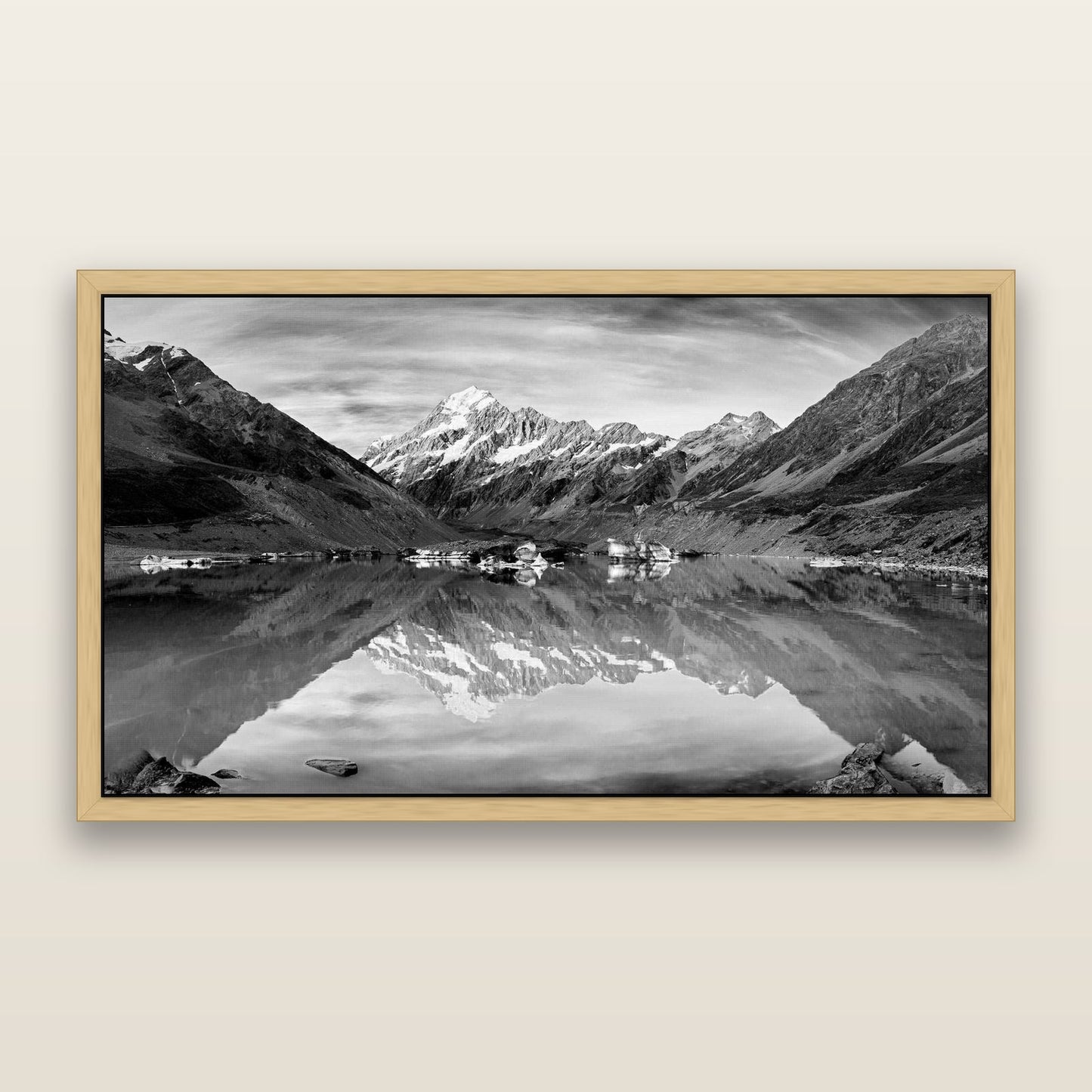 The Mirror Peak, Mount Cook — framed metallic canvas print, Natural frame. New Zealand fine art landscape wall art by Stephen Milner.