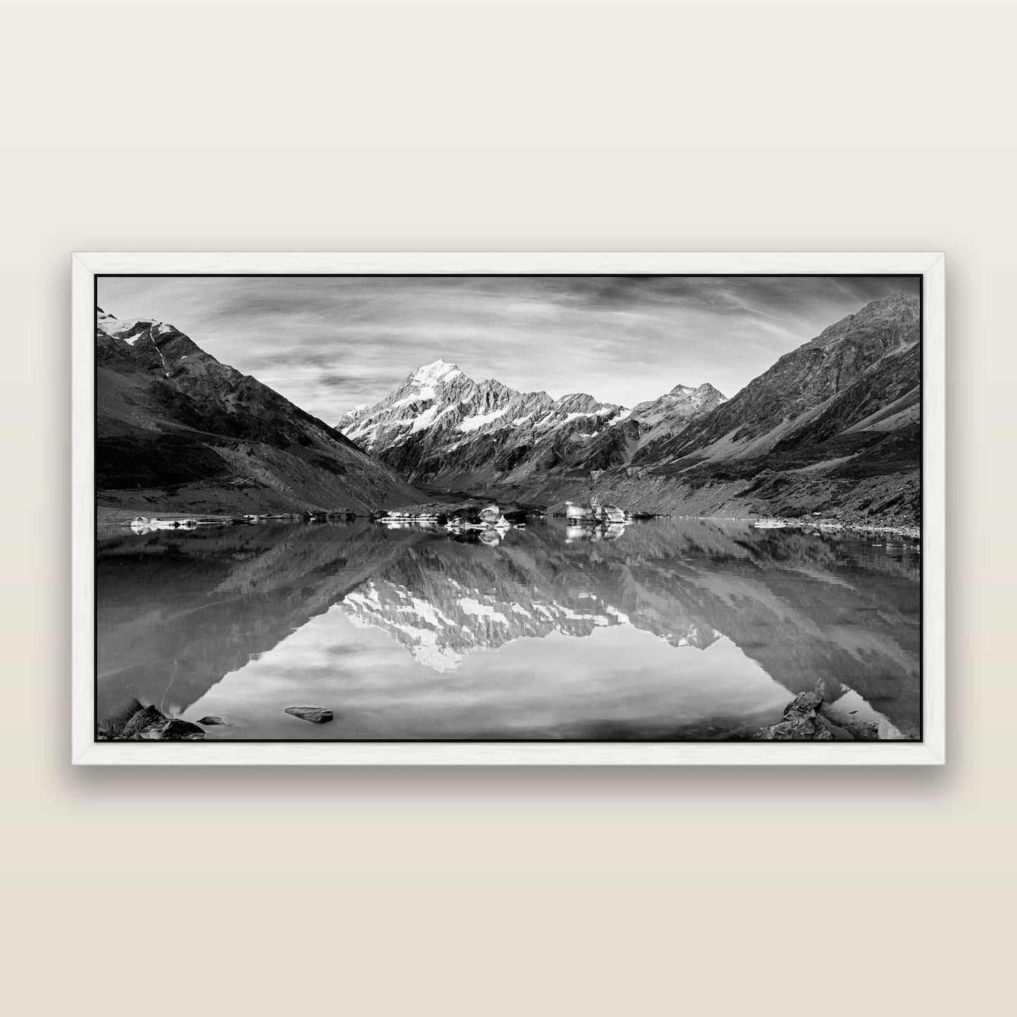 The Mirror Peak, Mount Cook — framed metallic canvas print, White frame. New Zealand fine art landscape wall art by Stephen Milner.