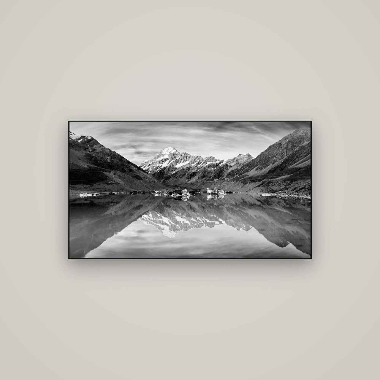 The Mirror Peak, Mount Cook — ArtBox Black, 107×60 cm. New Zealand fine art wall art by Stephen Milner.