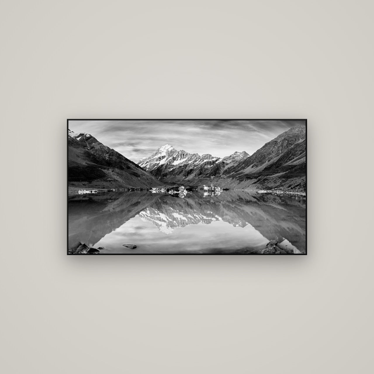 The Mirror Peak, Mount Cook — ArtBox Black, 107×60 cm. New Zealand fine art wall art by Stephen Milner.